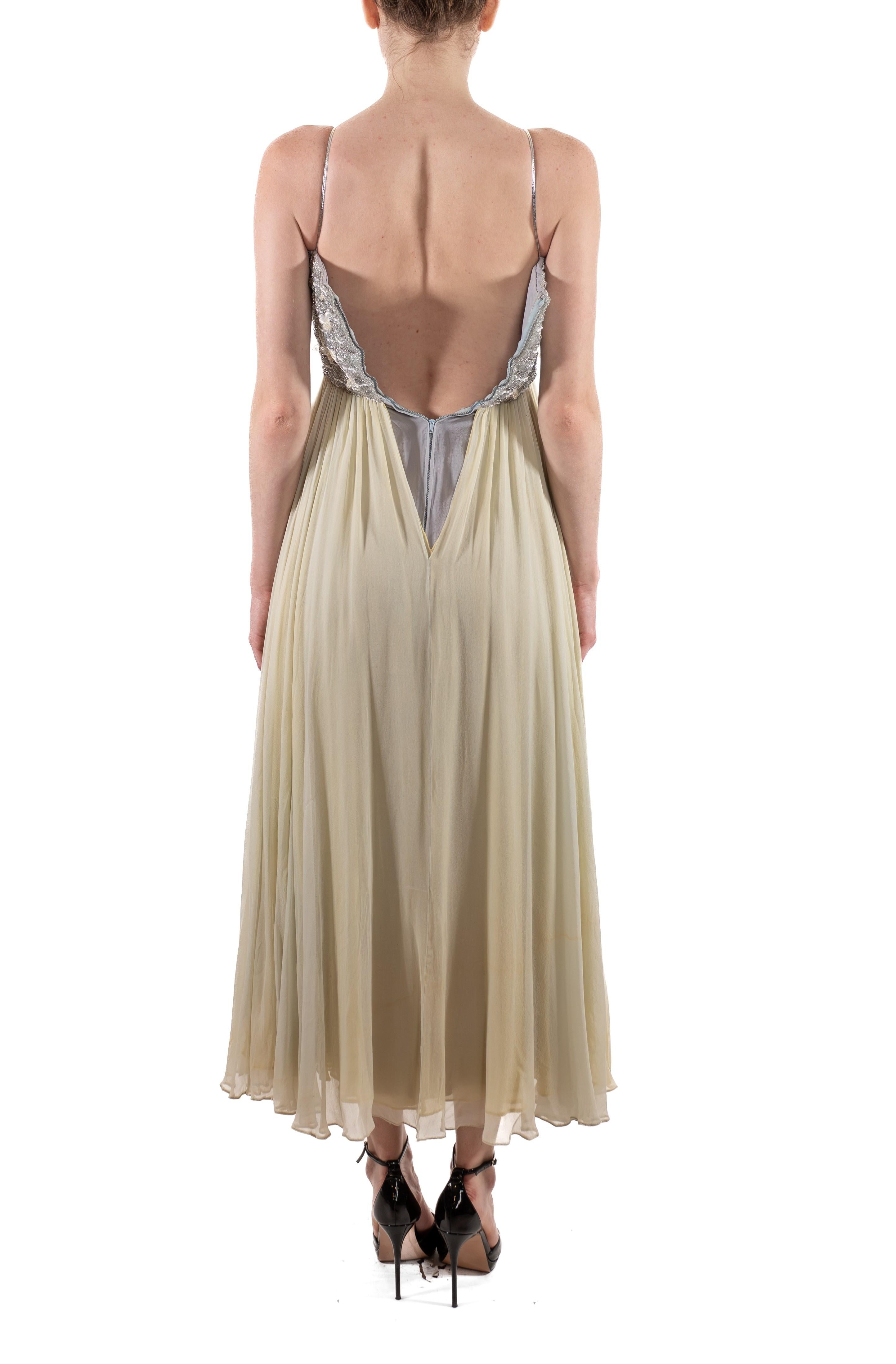 1960S Oyster Grey & Mint Green Silk Chiffon Silver Beaded Bodice Gown For Sale 5