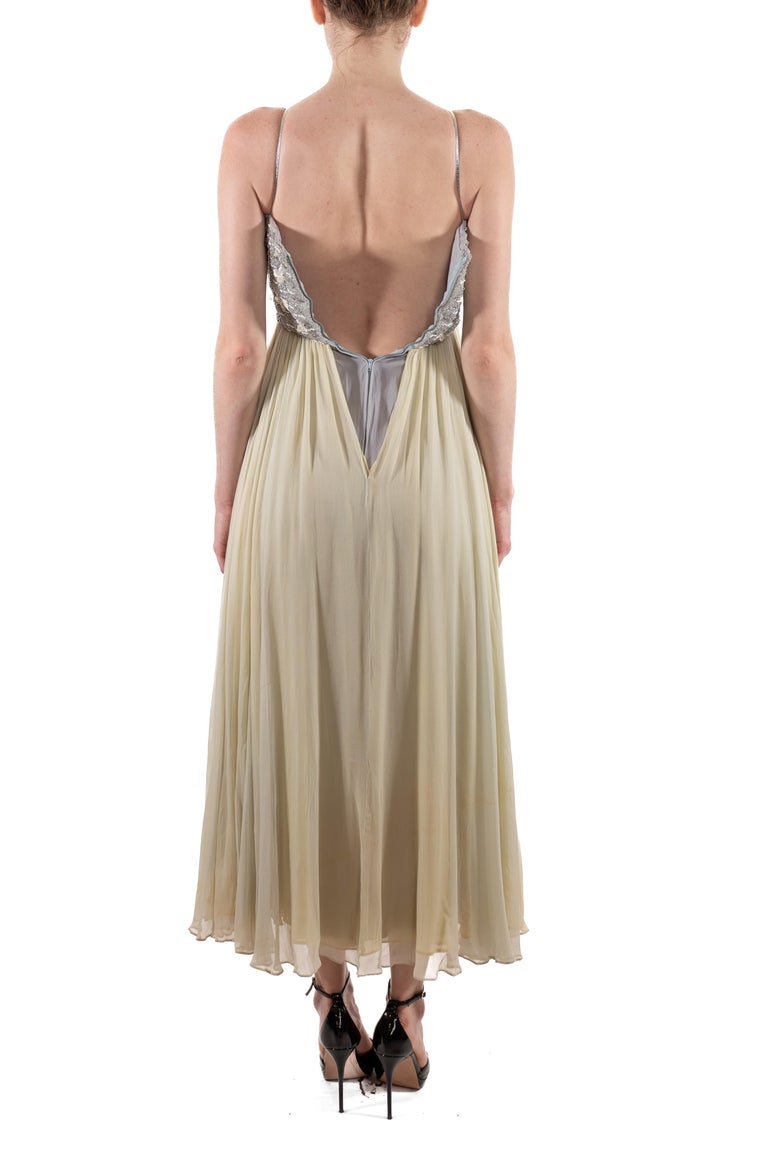 1960S Oyster Grey and Mint Green Silk Chiffon Silver Beaded Bodice Gown For Sale at 1stDibs