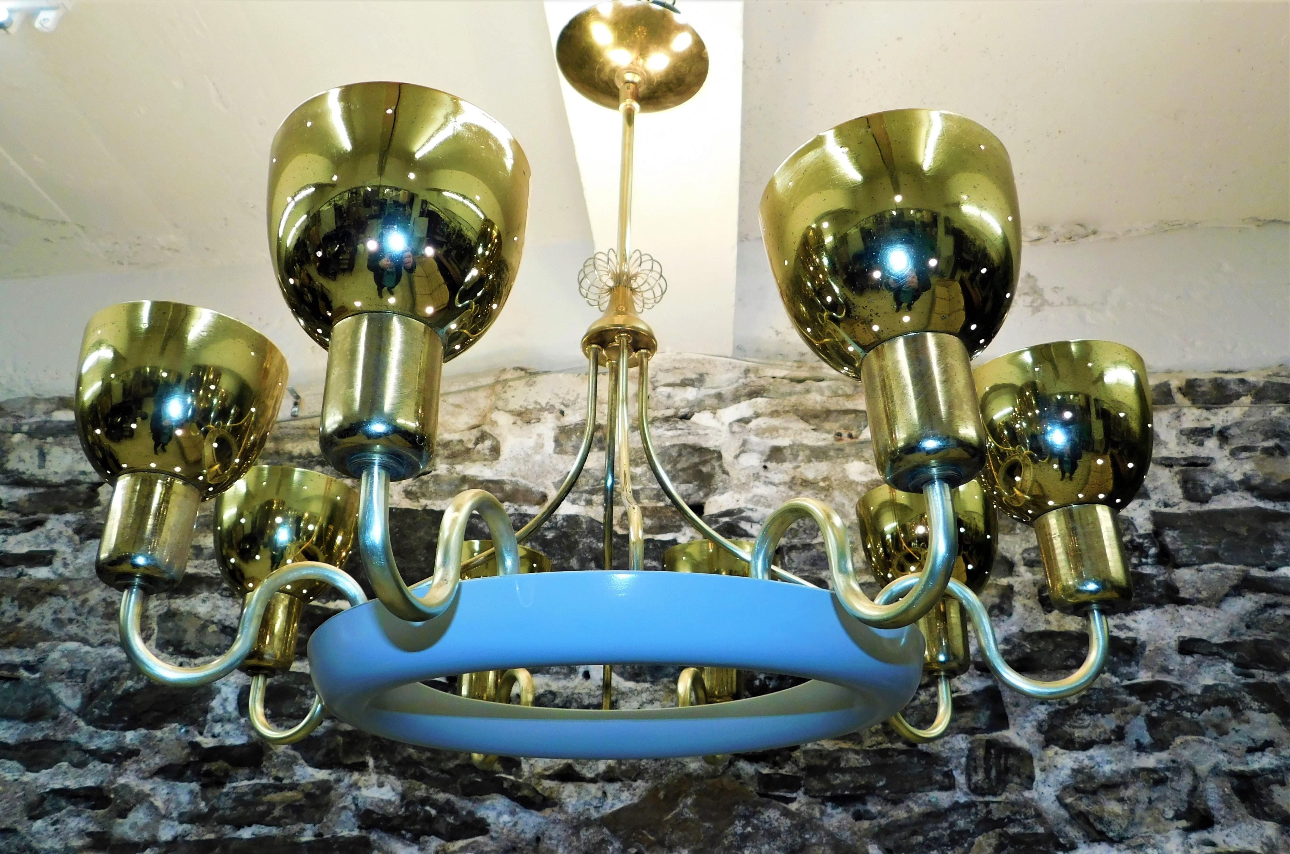 Cold-Painted 1960s Paavo Tynell Attributed Brass Chandelier Finnish Mid-Century Modern  For Sale