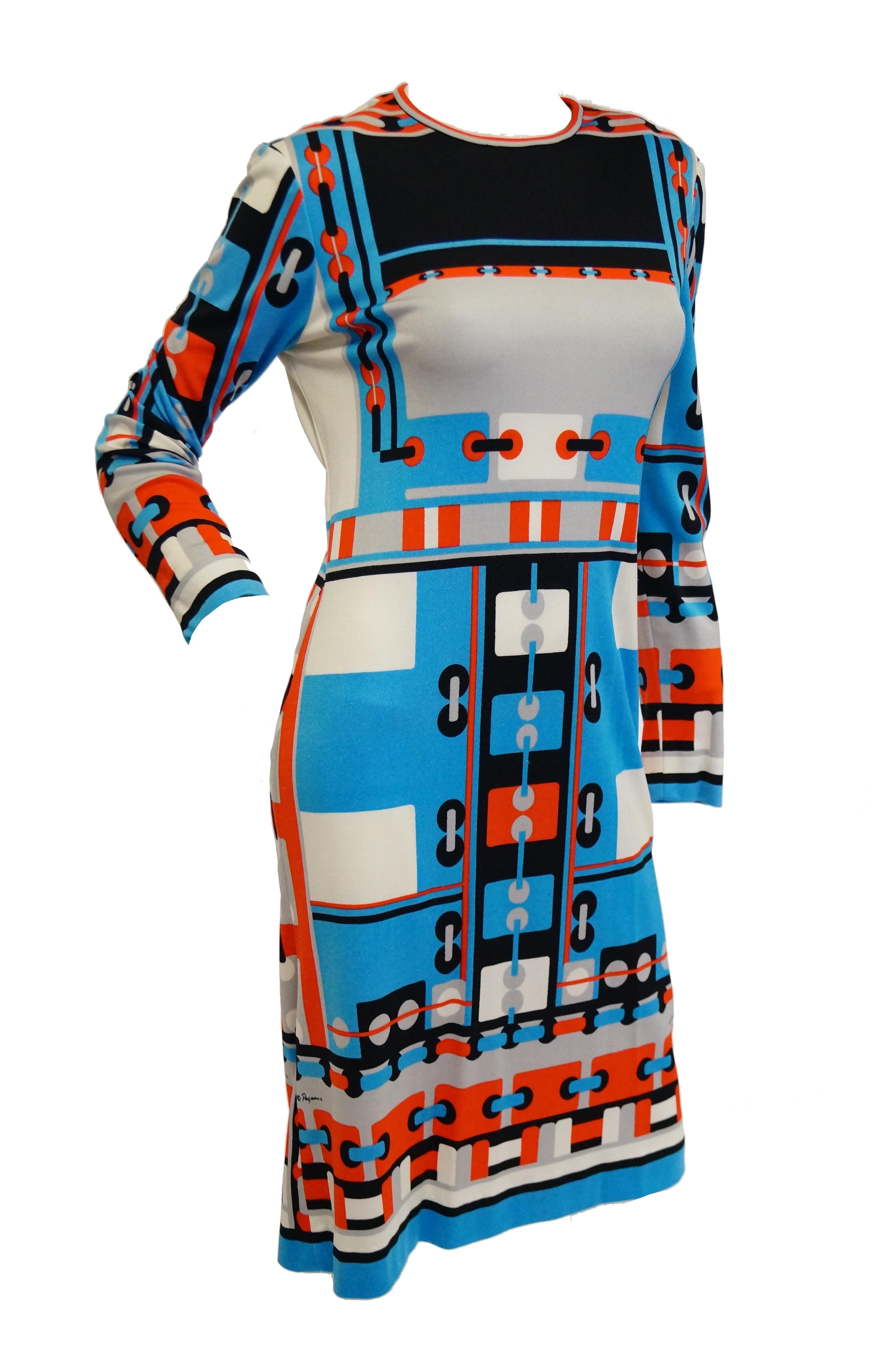1960s Paganne Blue and Orange Geometric Graphic Knit Dress In Excellent Condition In Houston, TX