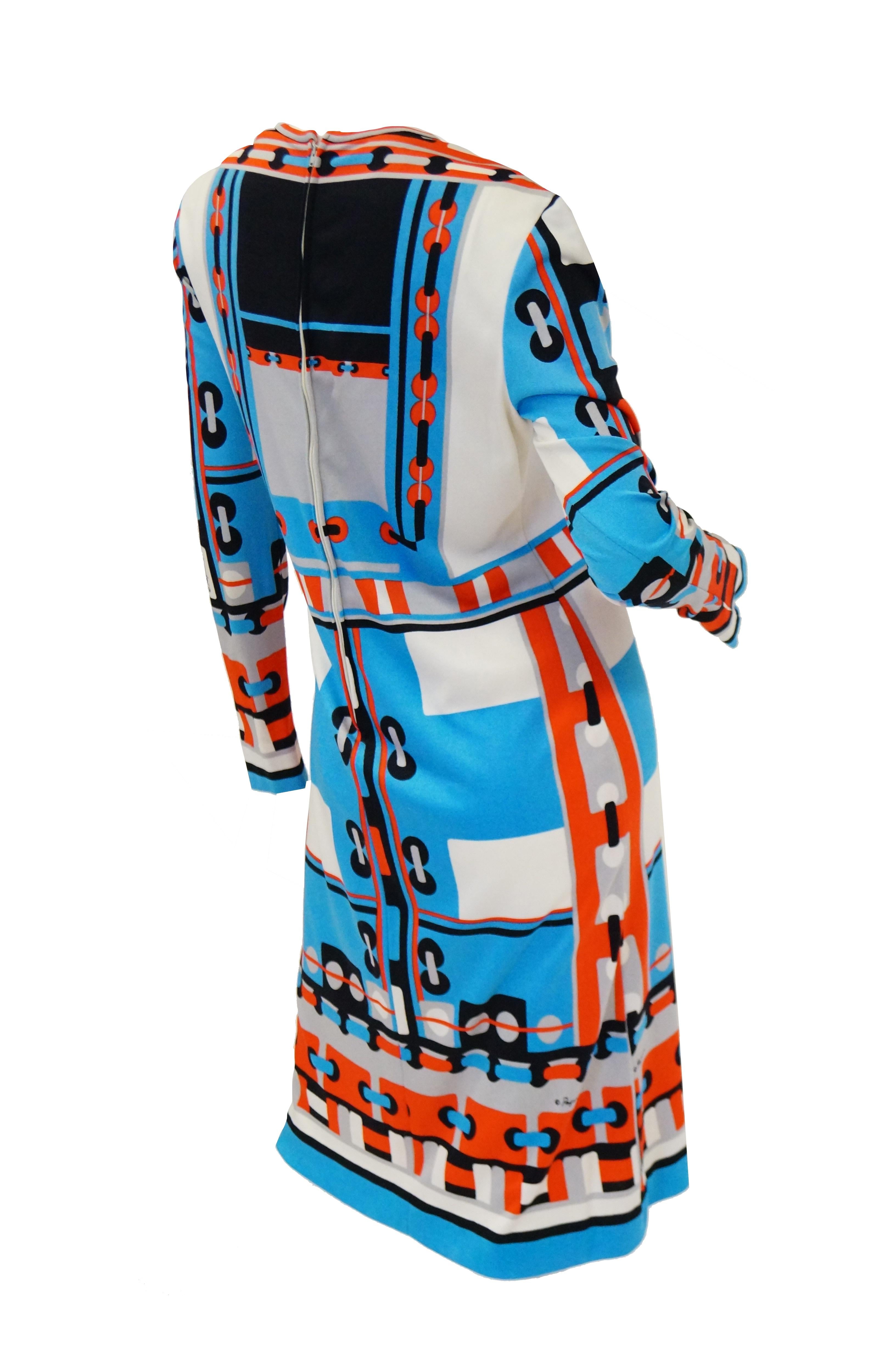 Women's 1960s Paganne Blue and Orange Geometric Graphic Knit Dress