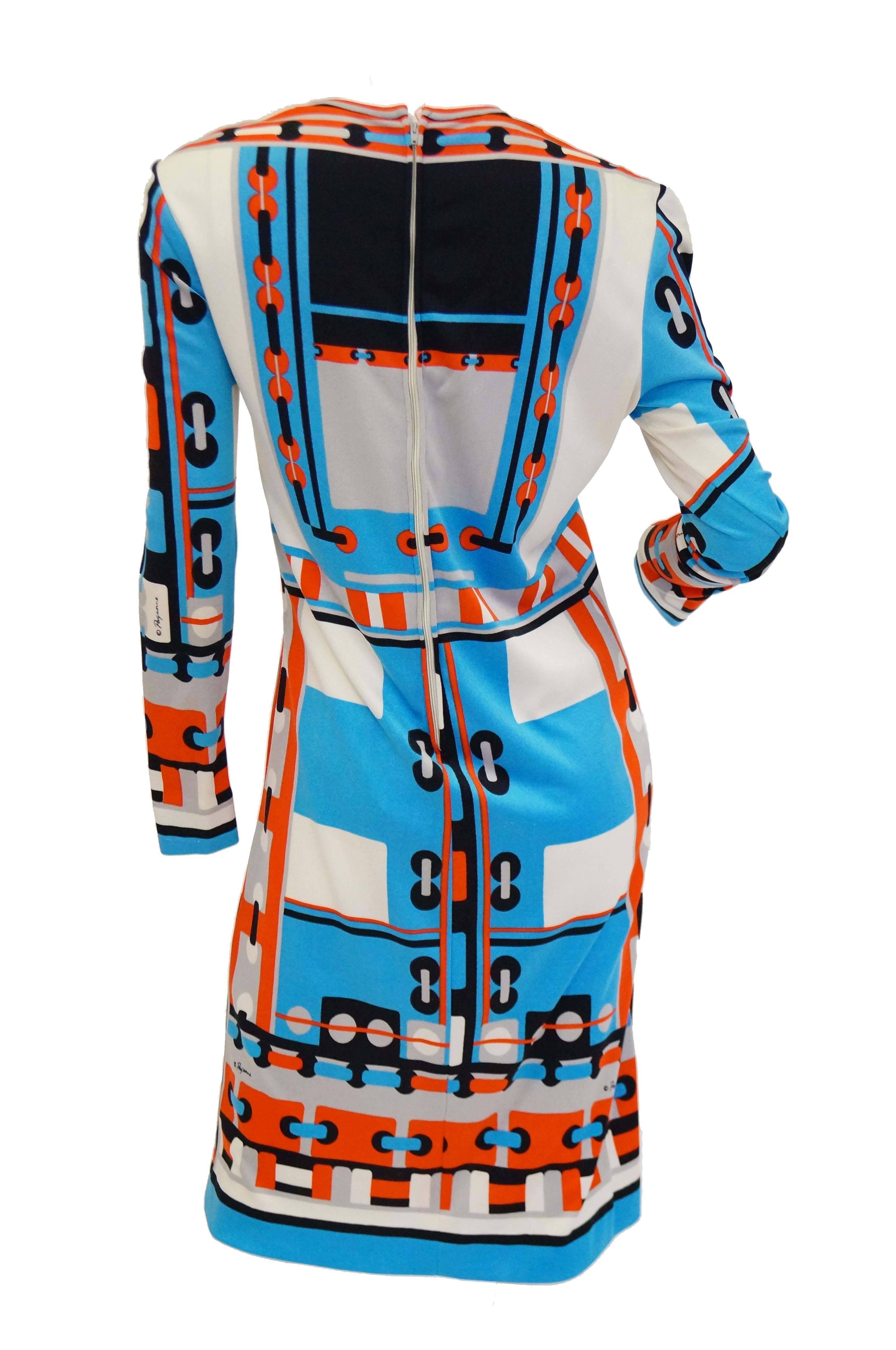 1960s Paganne Blue and Orange Geometric Graphic Knit Dress 1