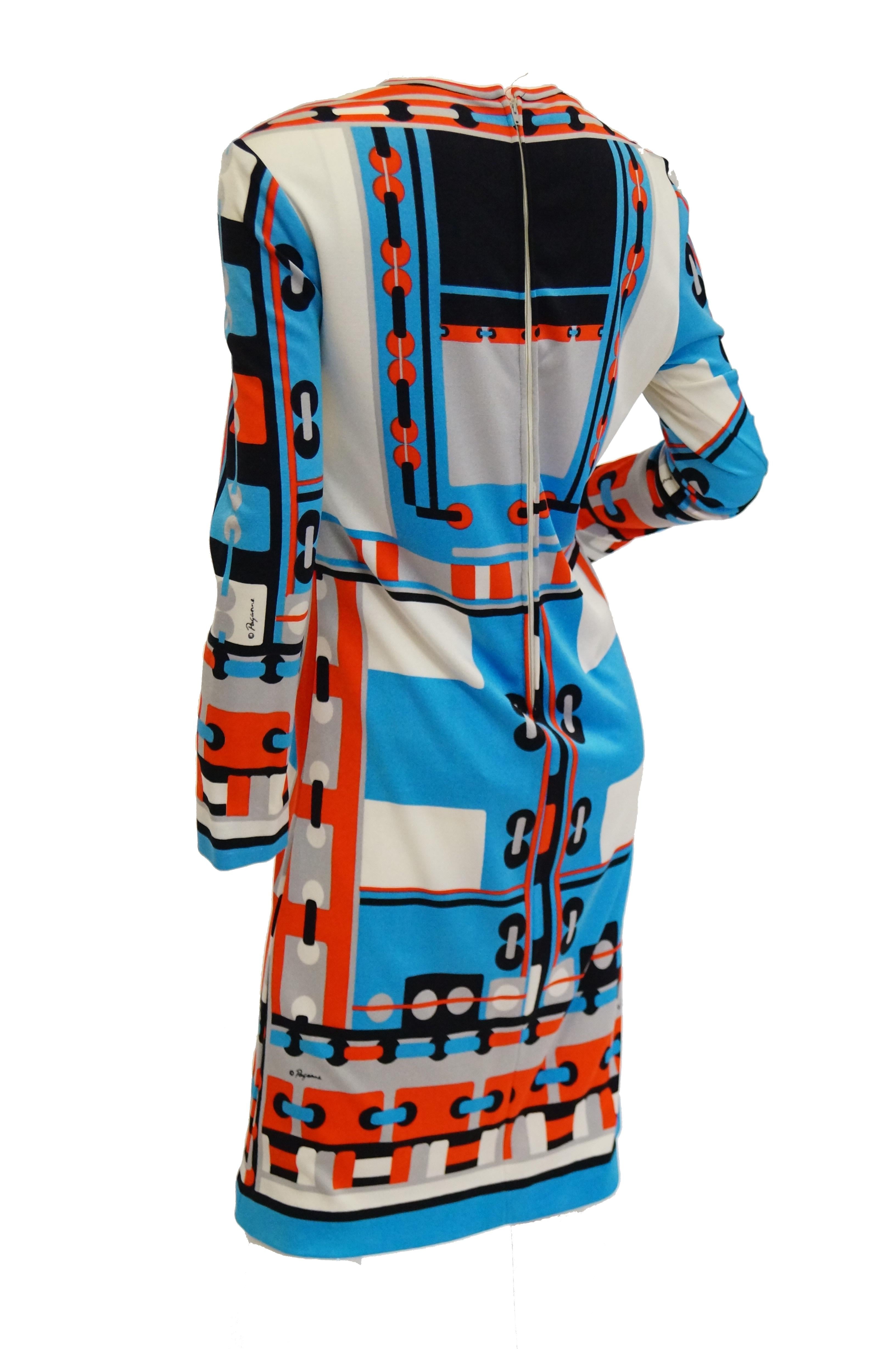 1960s Paganne Blue and Orange Geometric Graphic Knit Dress 2
