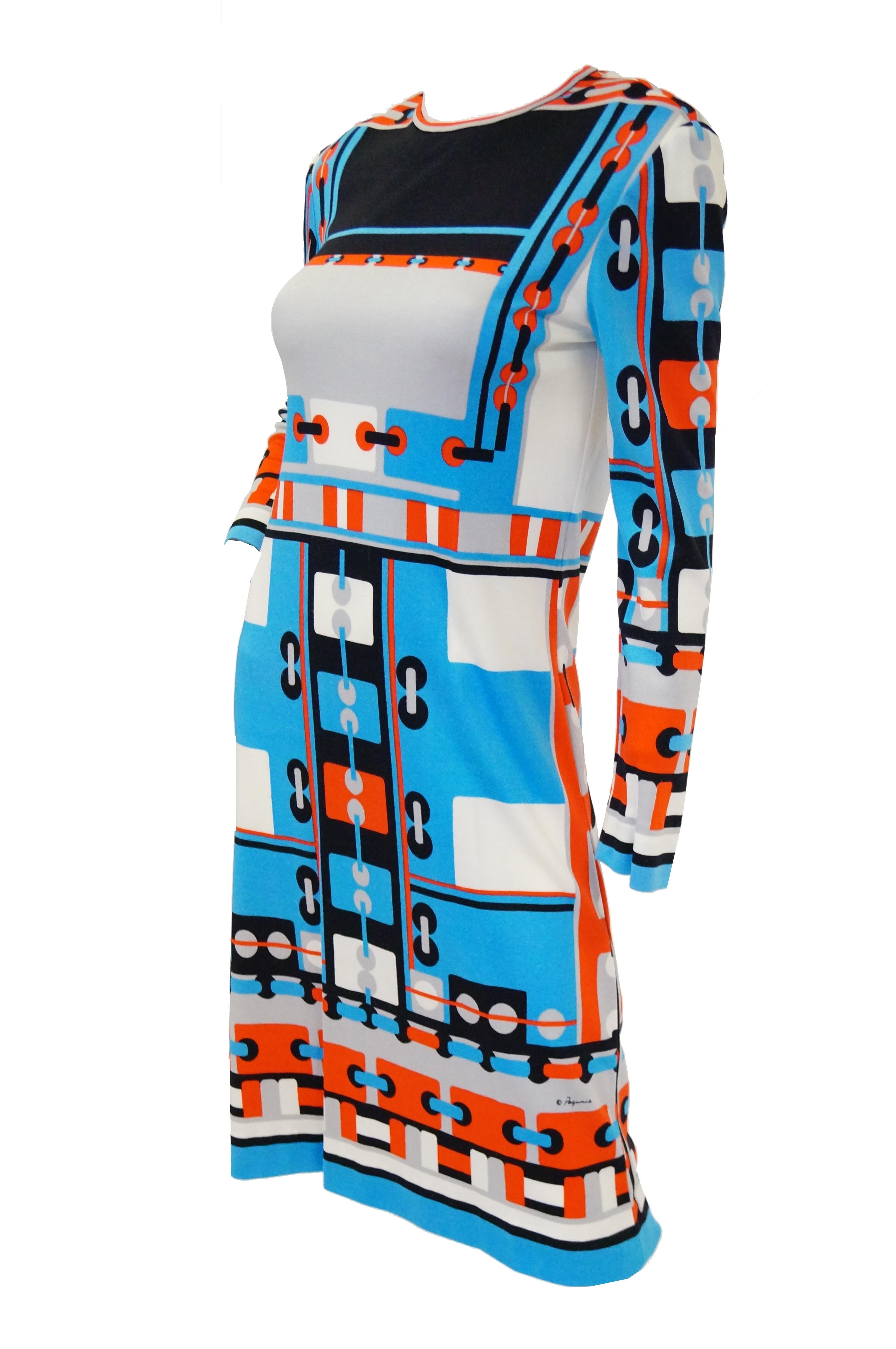 1960s Paganne Blue and Orange Geometric Graphic Knit Dress 3