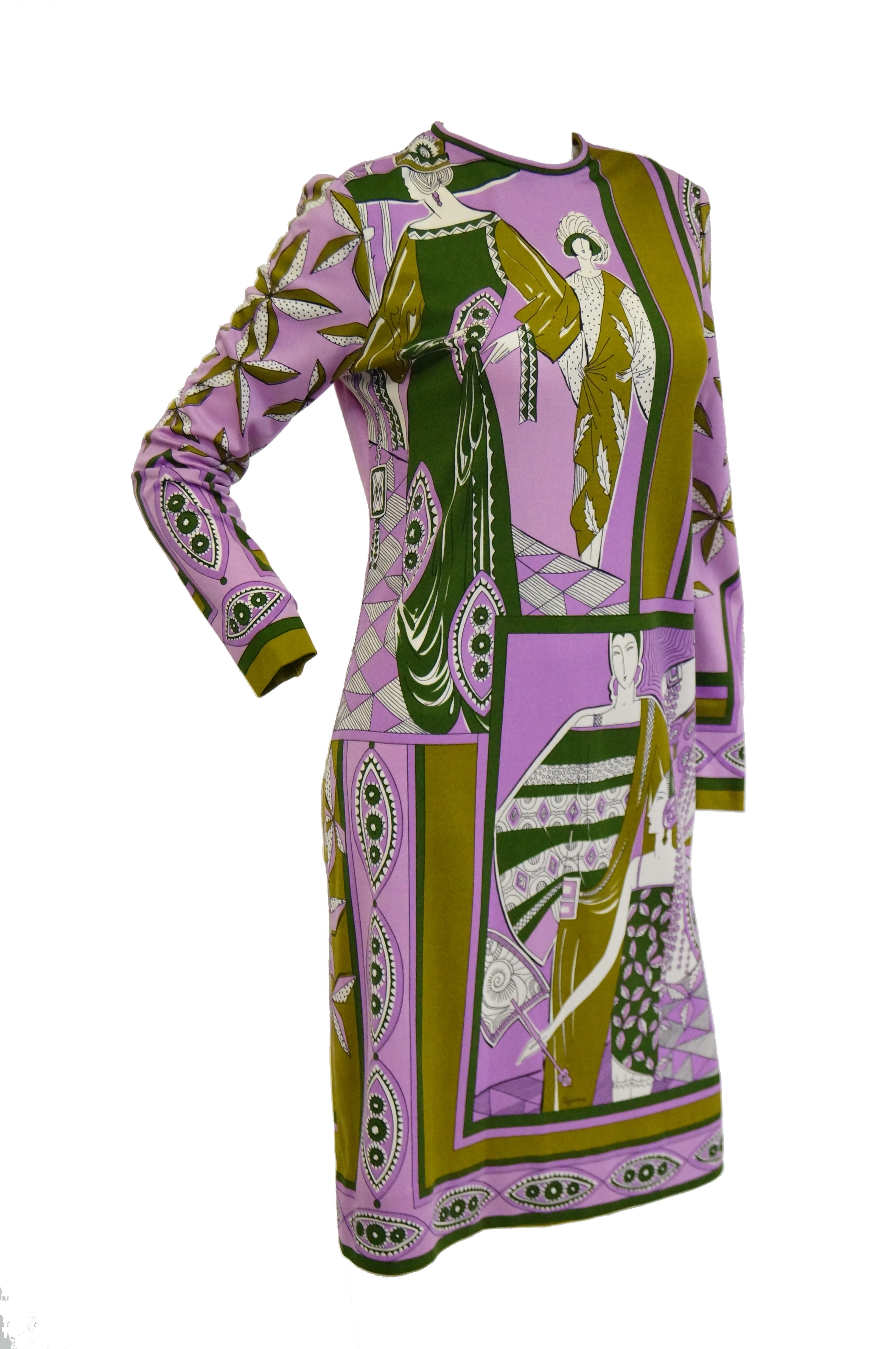 Bold 1960s - does - 1920s Art Deco print dress by Paganne! The dress falls below the knee, has long sleeves, and a jewel neckline. The dress has a loose sheath silhouette, with an A - line skirt and a more fitted bodice. The print is primarily