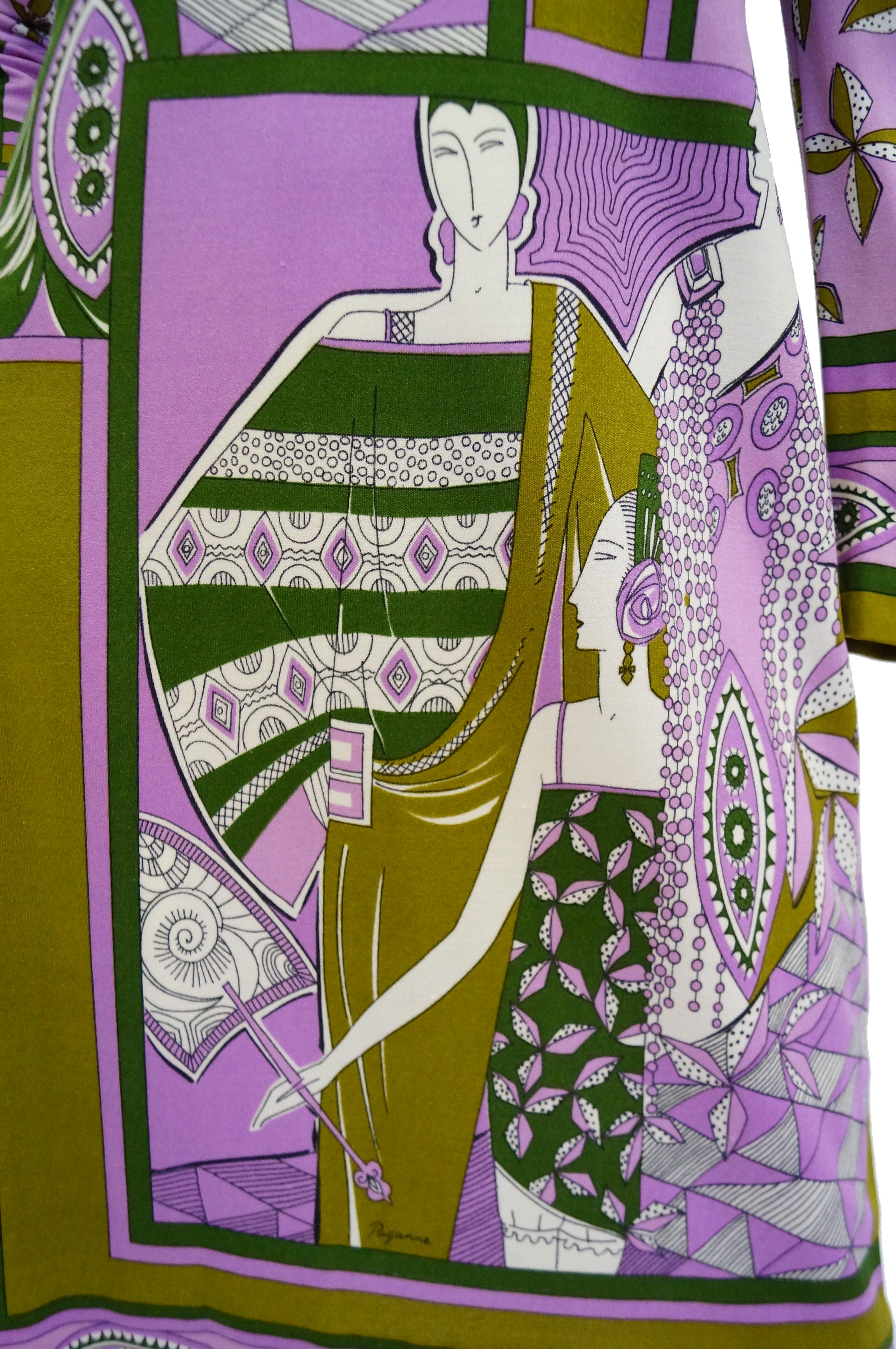 Brown  1960s Paganne Purple Art Deco Print Knit Dress