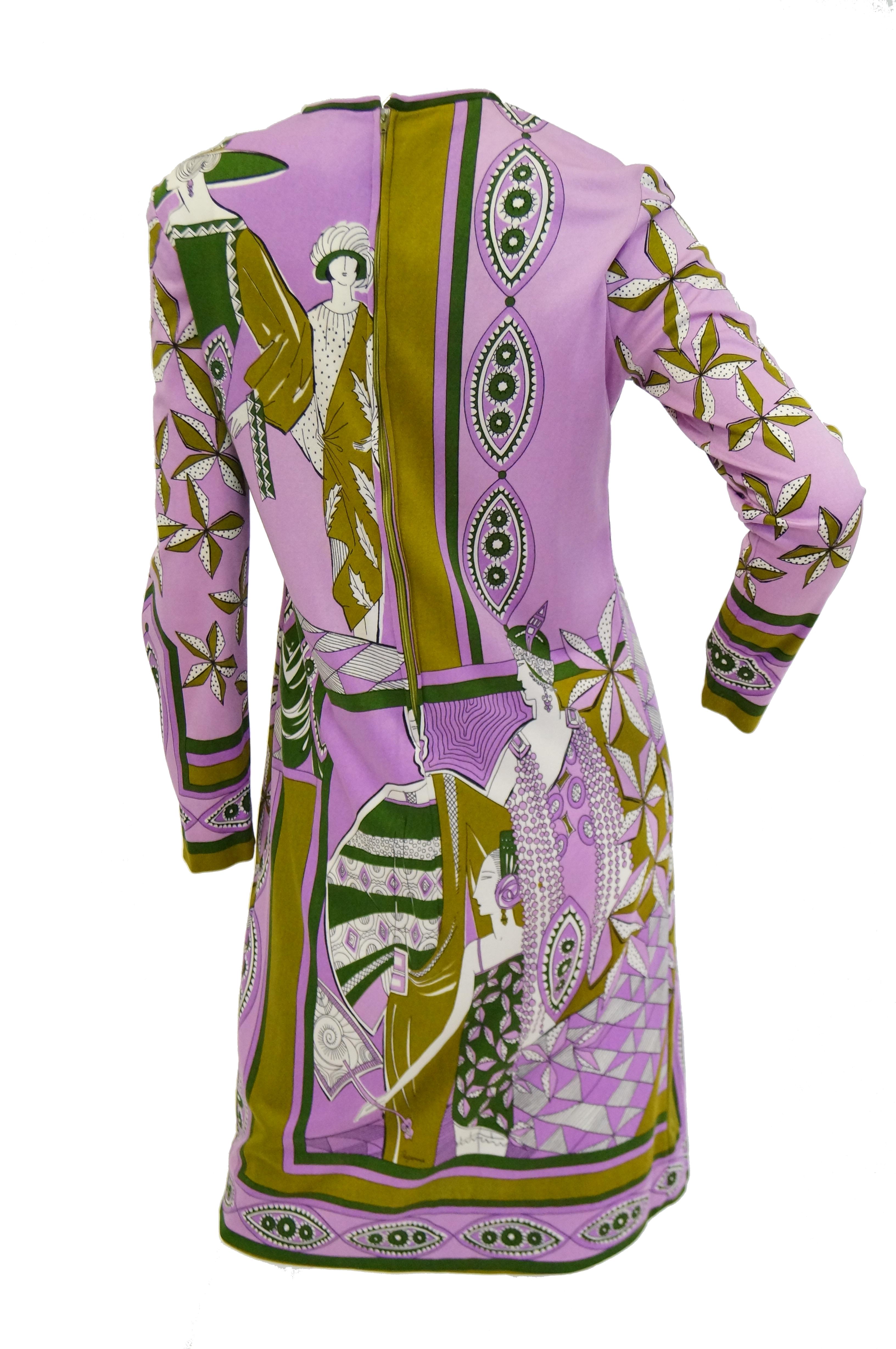Women's  1960s Paganne Purple Art Deco Print Knit Dress