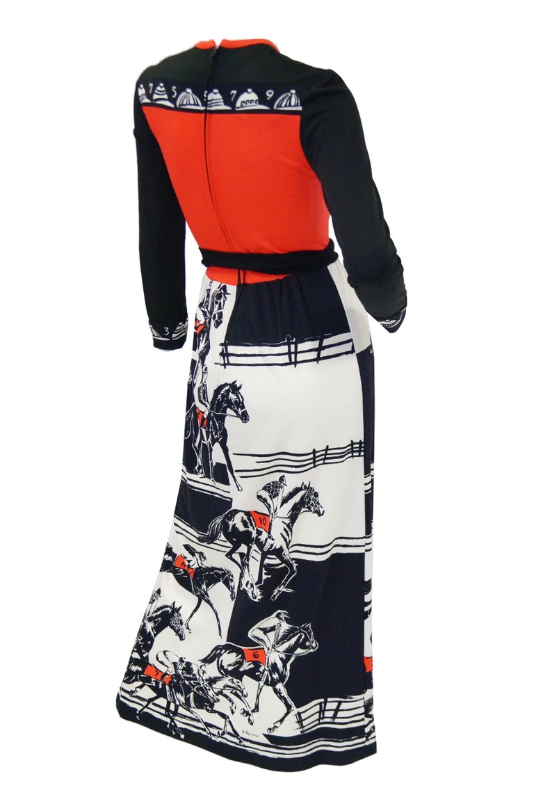 Women's 1960s Paganne Red and Black Racehorse Equestrian Print Maxi Dress For Sale