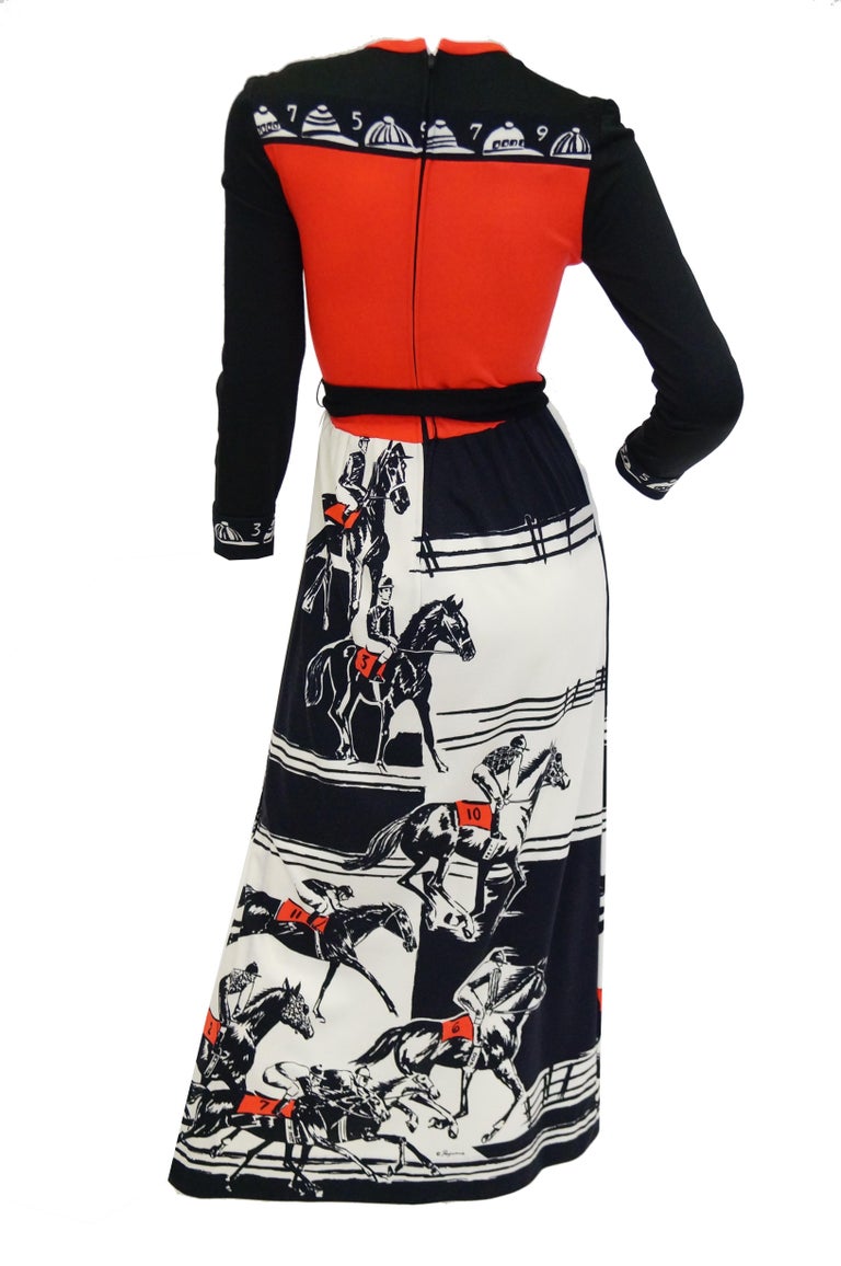 1960s Paganne Red and Black Racehorse Equestrian Print Maxi Dress For Sale 1
