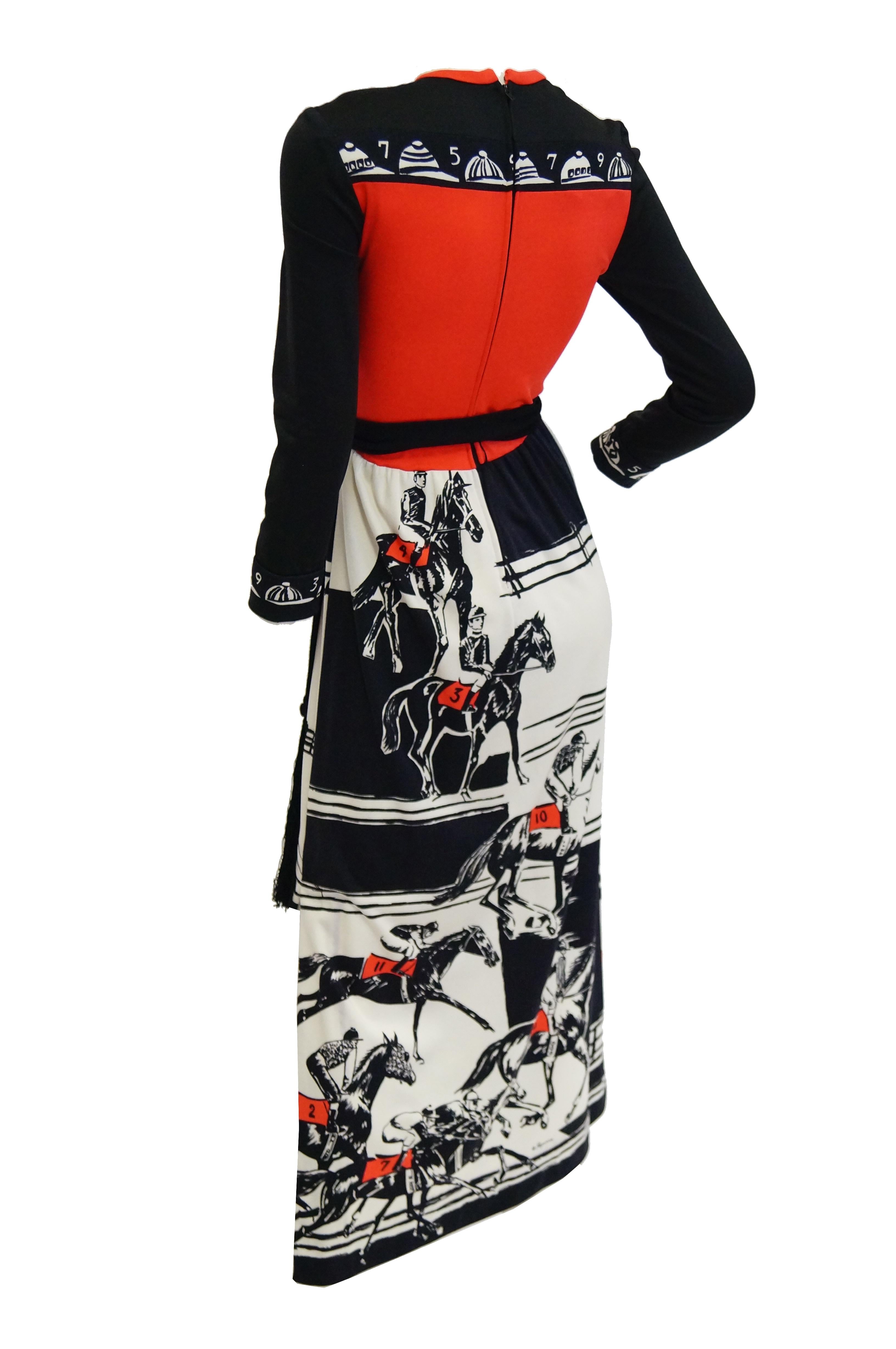 1960s Paganne Red and Black Racehorse Equestrian Print Maxi Dress In Excellent Condition For Sale In Houston, TX