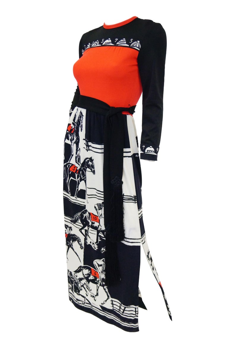 1960s Paganne Red and Black Racehorse Equestrian Print Maxi Dress For Sale 3