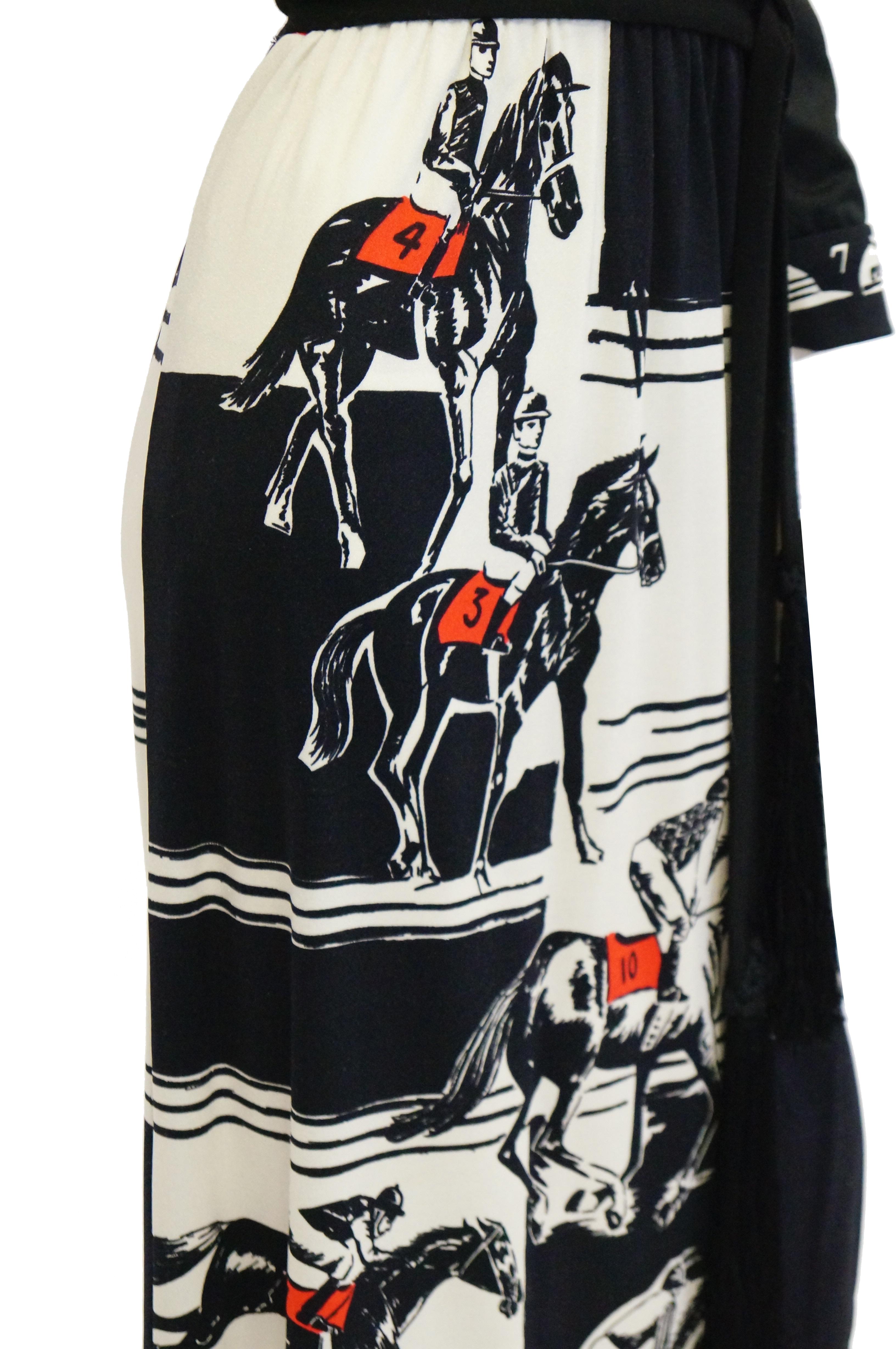 1960s Paganne Red and Black Racehorse Equestrian Print Maxi Dress For Sale 2