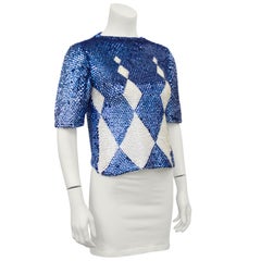 1960s Paillette Navy and Cream Harlequin Argyle Sweater