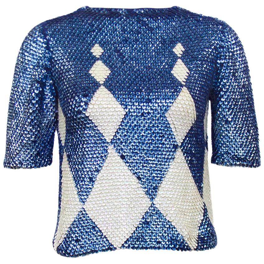 1960s Paillette Navy and Cream Harlequin Argyle Sweater For Sale