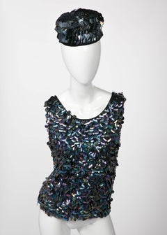 1960s Paillette Sequin Wool Hat and Sleeveless Sweater Set