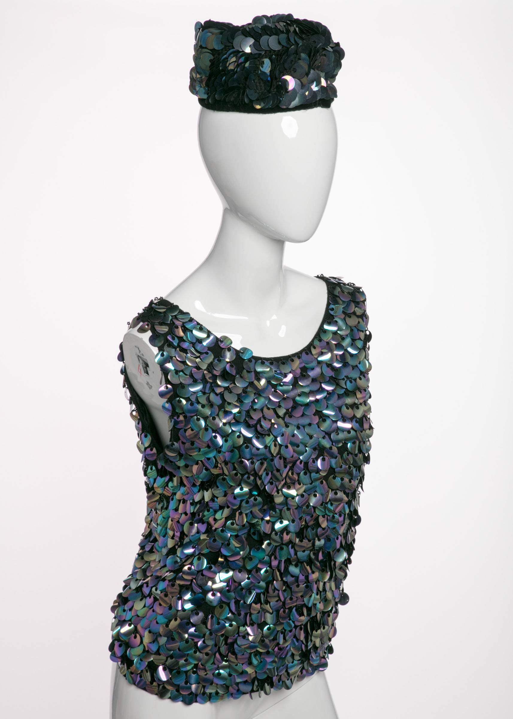 1960s Paillette Sequin Wool Hat and Sleeveless Sweater Set In Excellent Condition For Sale In Boca Raton, FL