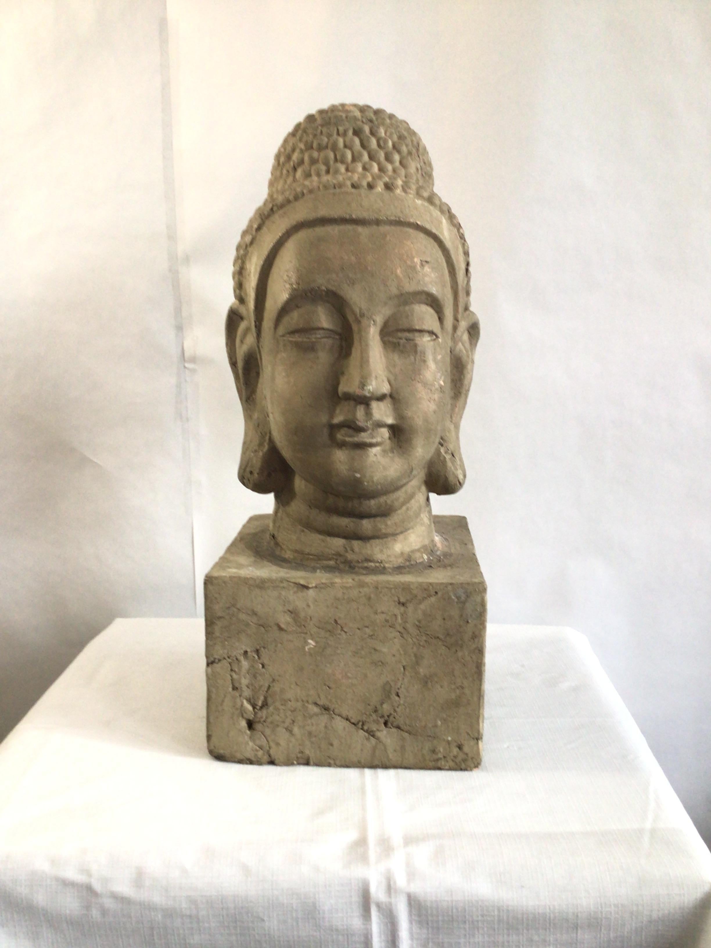 1960s Painted Cast Terracotta Zen Buddha Head Statue With Base.