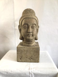 1960s Painted Cast Terracotta Zen Buddha Head Statue with Base