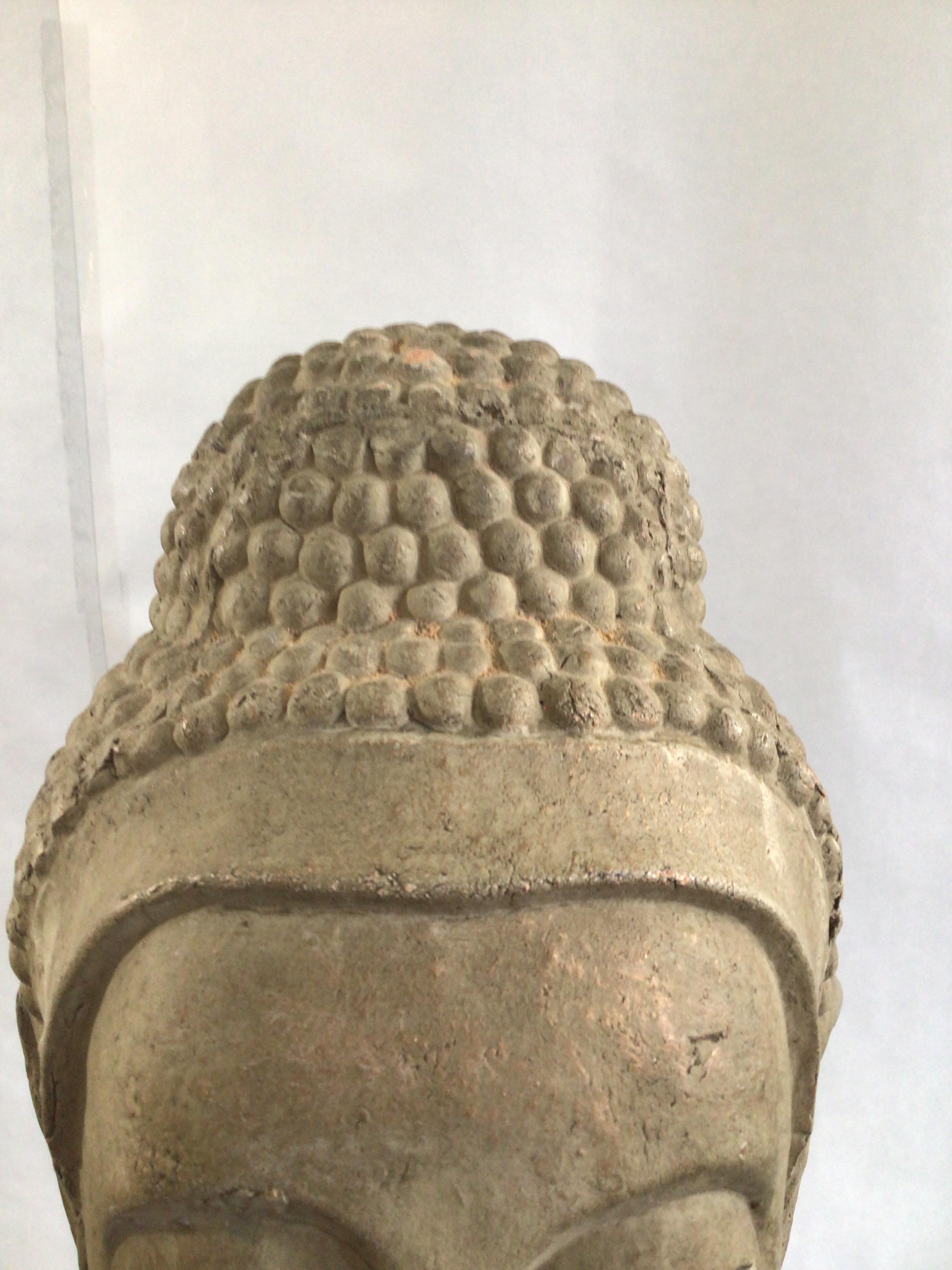 1960s Painted Cast Terracotta Zen Buddha Head Statue with Base In Good Condition For Sale In Tarrytown, NY