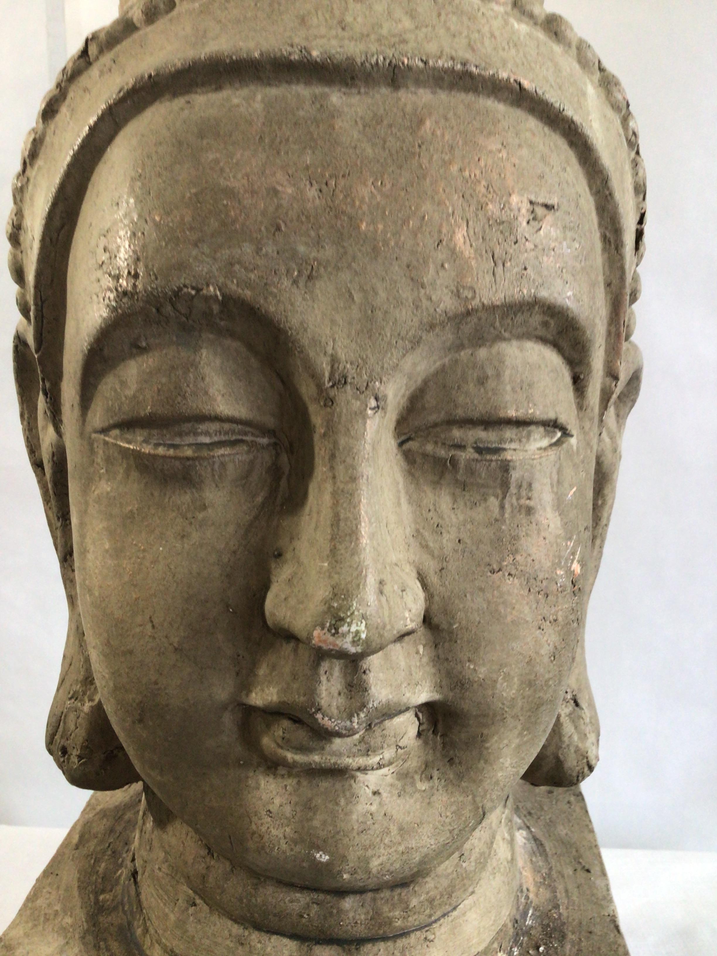 Mid-20th Century 1960s Painted Cast Terracotta Zen Buddha Head Statue with Base For Sale