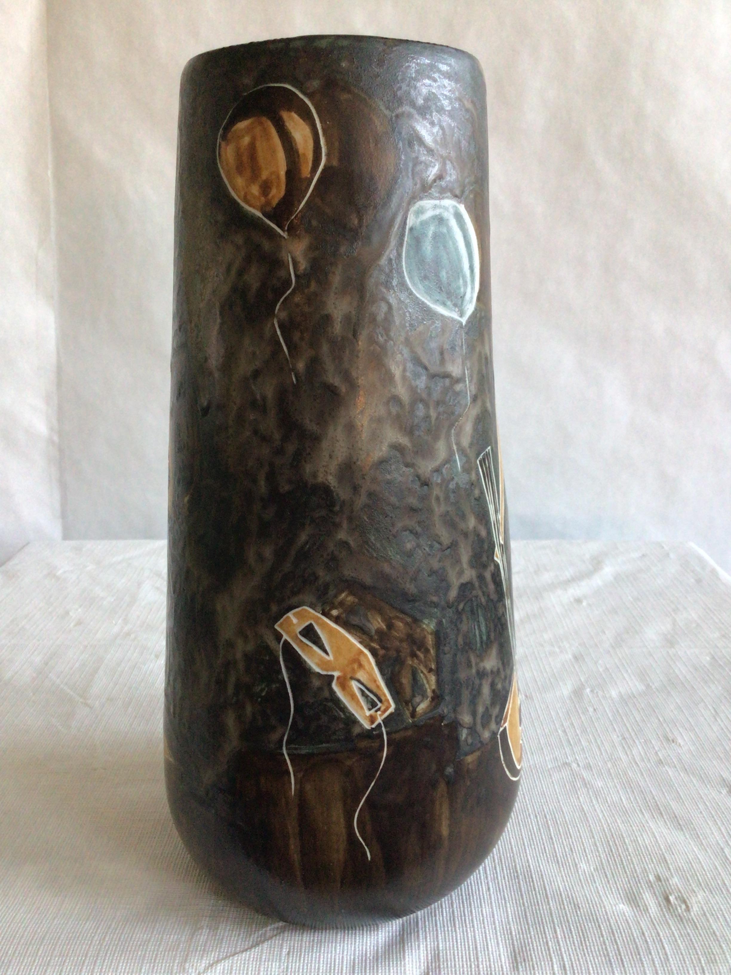 Glazed 1960s Painted Ceramic Vase Depicting Objects From a Fête For Sale