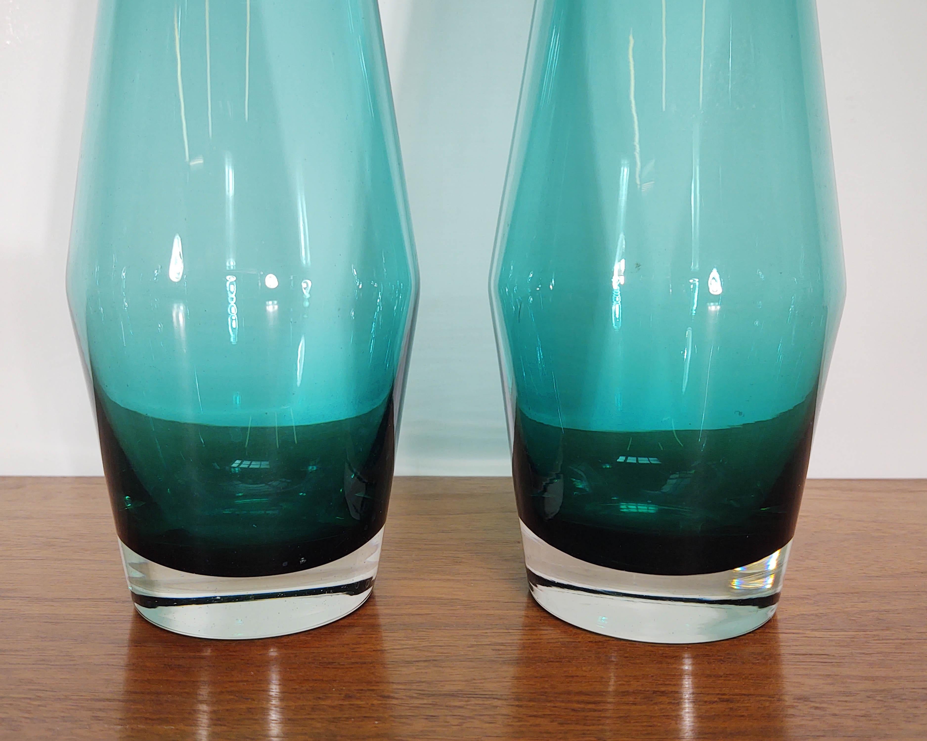 1960s Pair '2' of Tapered Teal Vases by Riihimaen Lasi by Tamara Aladin In Good Condition For Sale In Hawthorne, CA