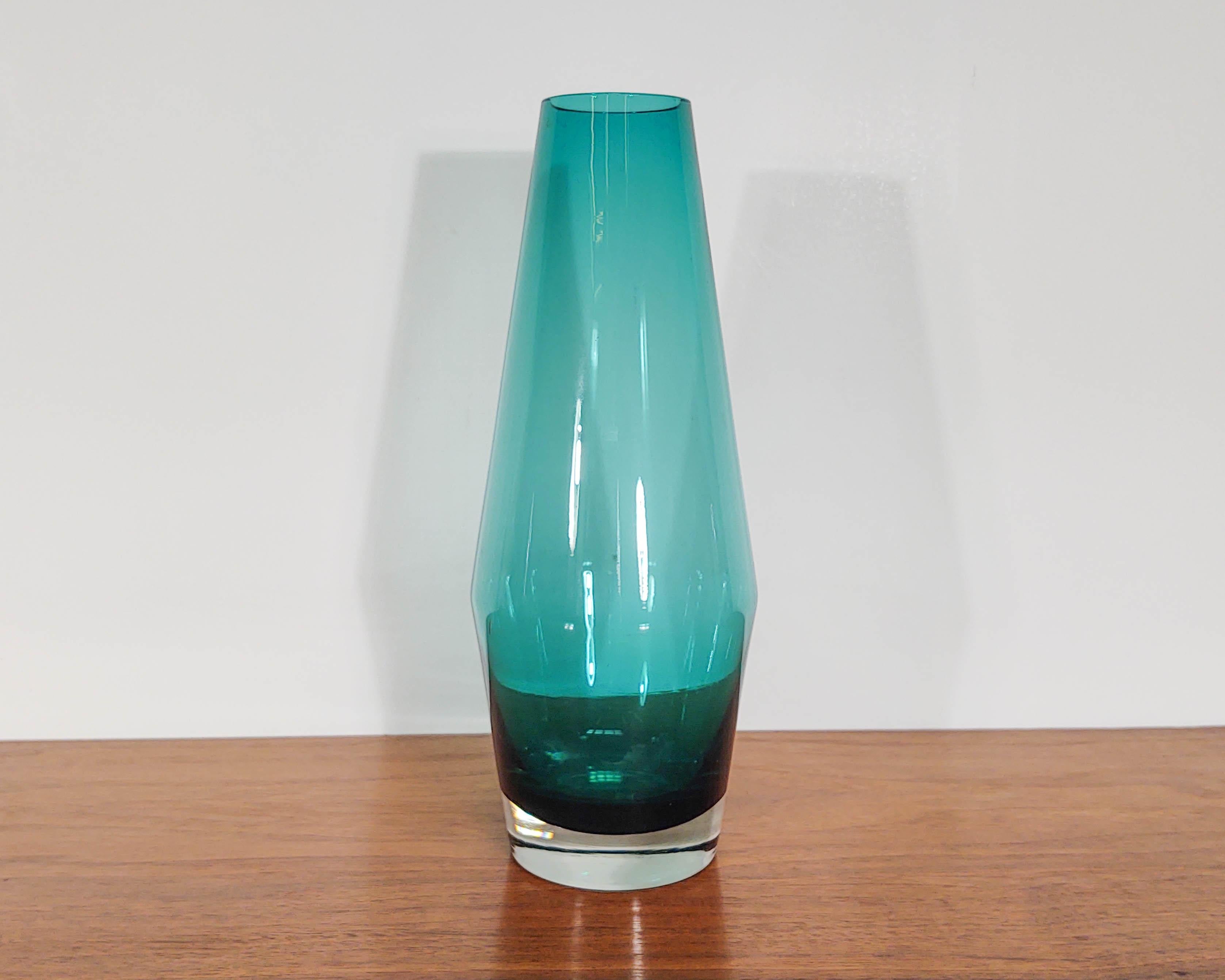 Mid-20th Century 1960s Pair '2' of Tapered Teal Vases by Riihimaen Lasi by Tamara Aladin For Sale