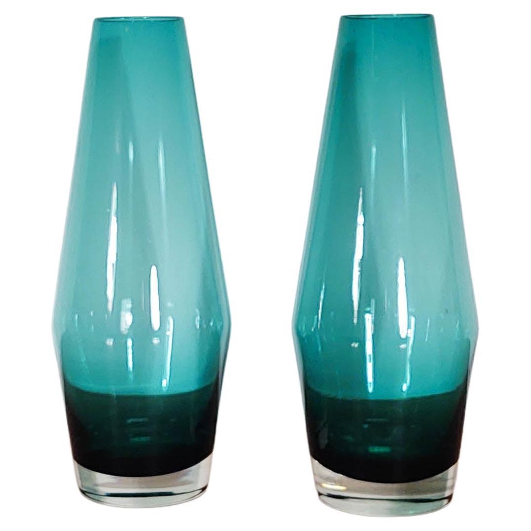 1960s Pair '2' of Tapered Teal Vases by Riihimaen Lasi by Tamara Aladin For Sale