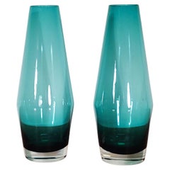 1960s Pair '2' of Tapered Teal Vases by Riihimaen Lasi by Tamara Aladin