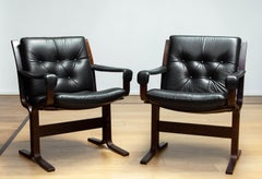 1960s, Pair Black Leather Model 'Siesta' Dining Office Chairs By Ingmar Relling