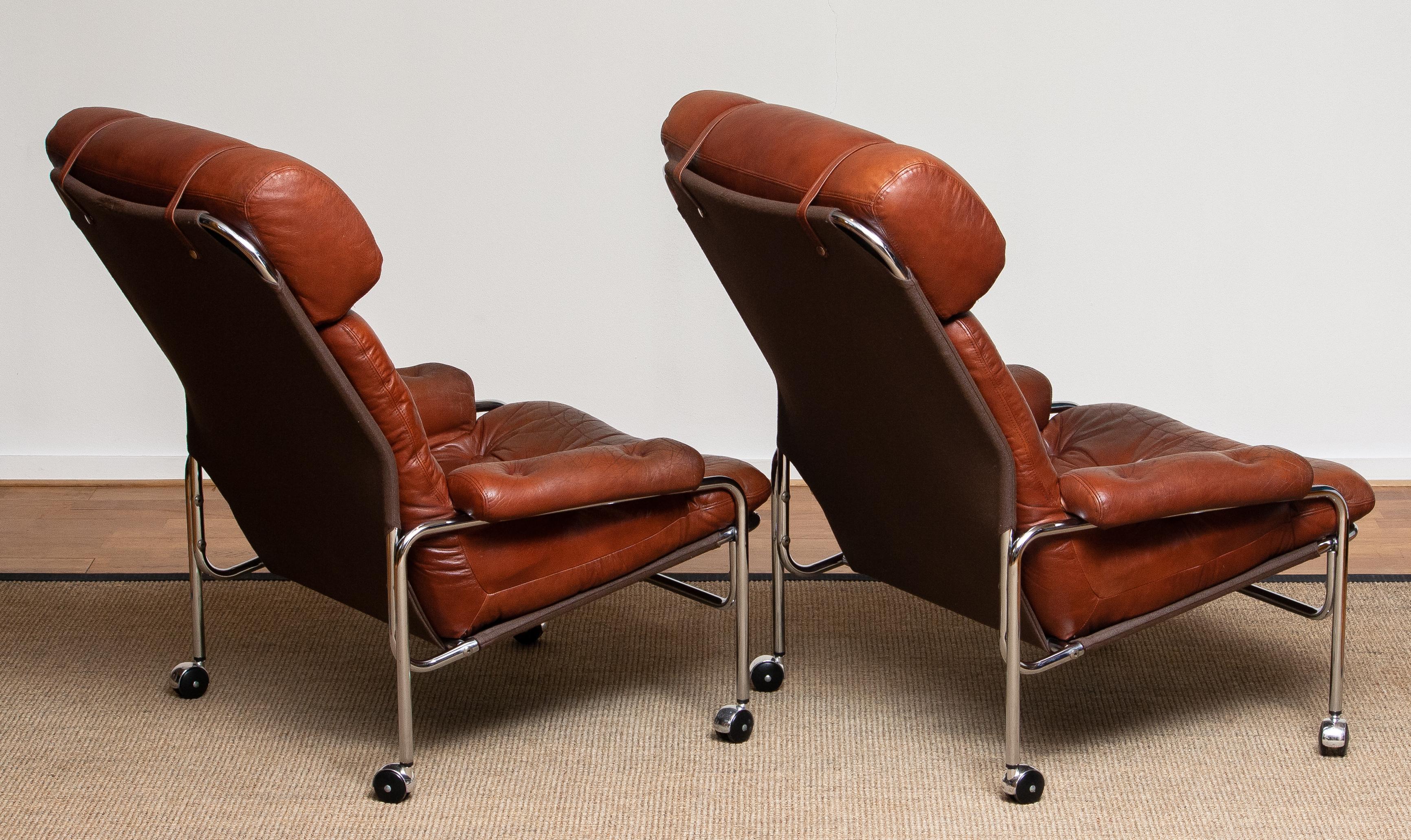 1960s Pair Easy / Armchairs in Chrome and Aged Brown /Cognac Leather by Lindlöfs 6