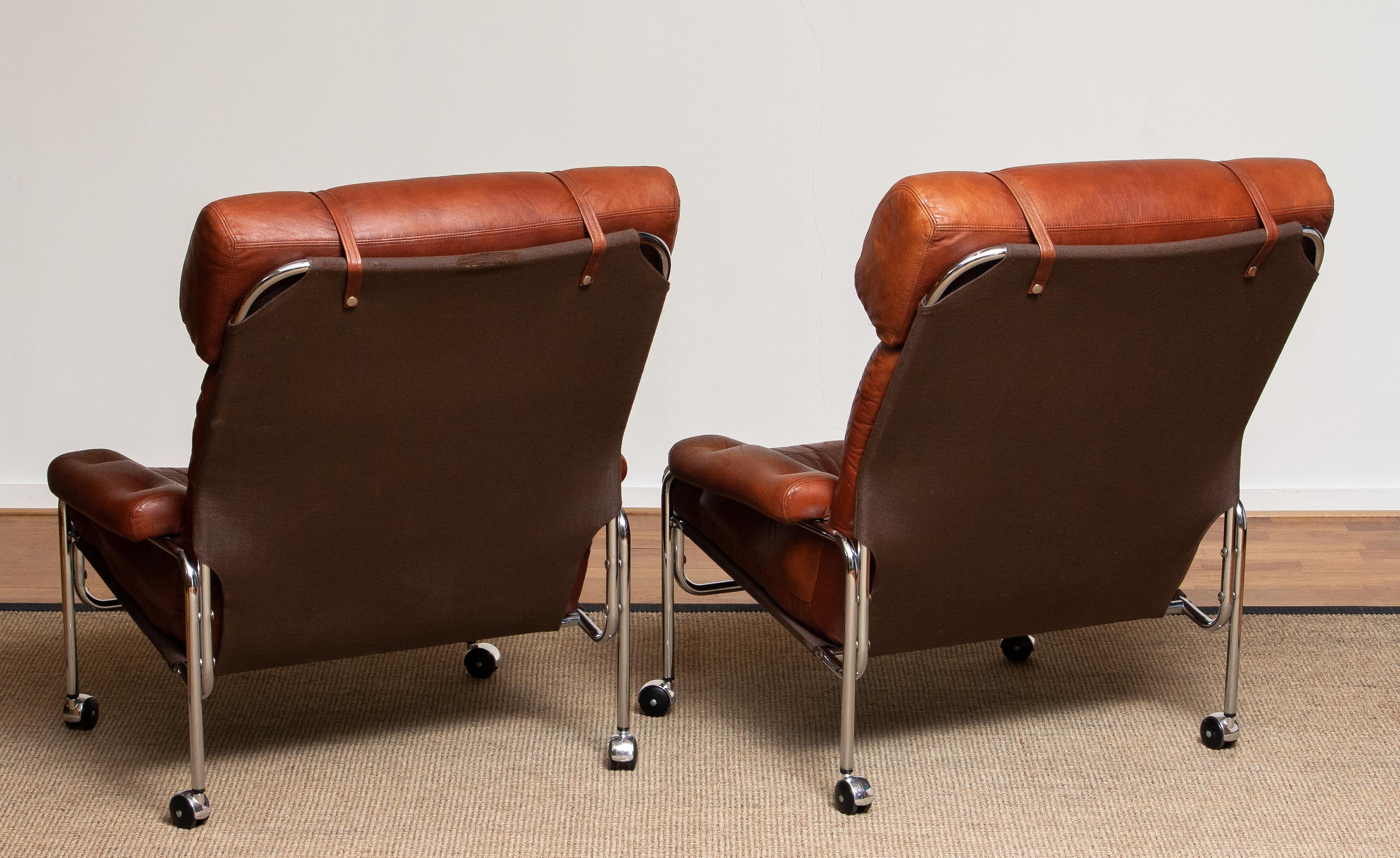 1960s Pair Easy / Armchairs in Chrome and Aged Brown /Cognac Leather by Lindlöfs 7