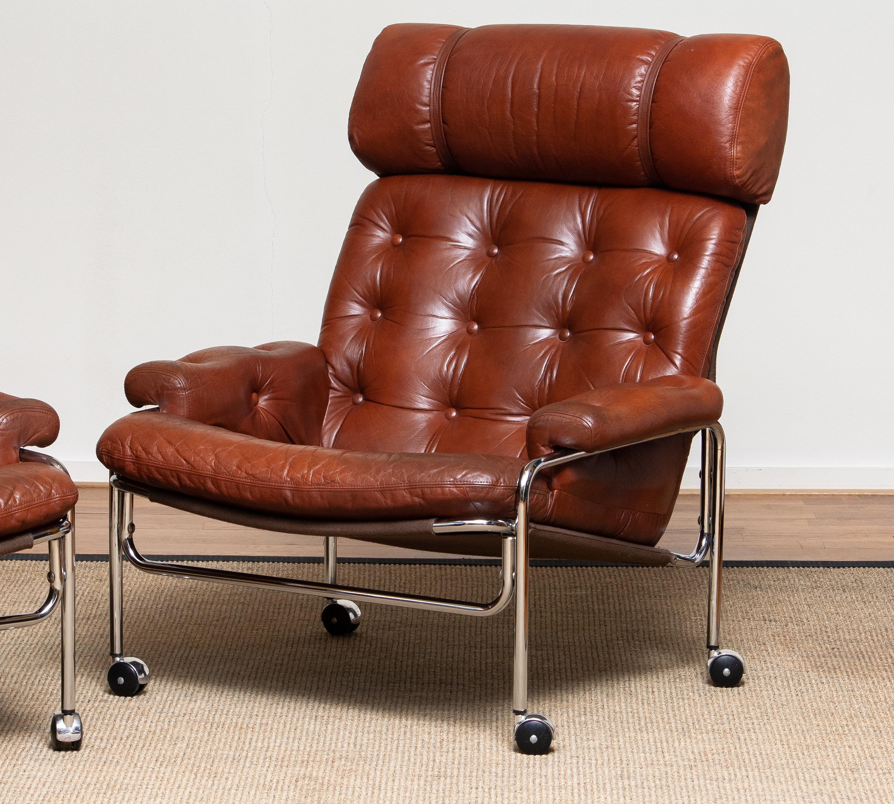 1960s Pair Easy / Armchairs in Chrome and Aged Brown /Cognac Leather by Lindlöfs In Good Condition In Silvolde, Gelderland