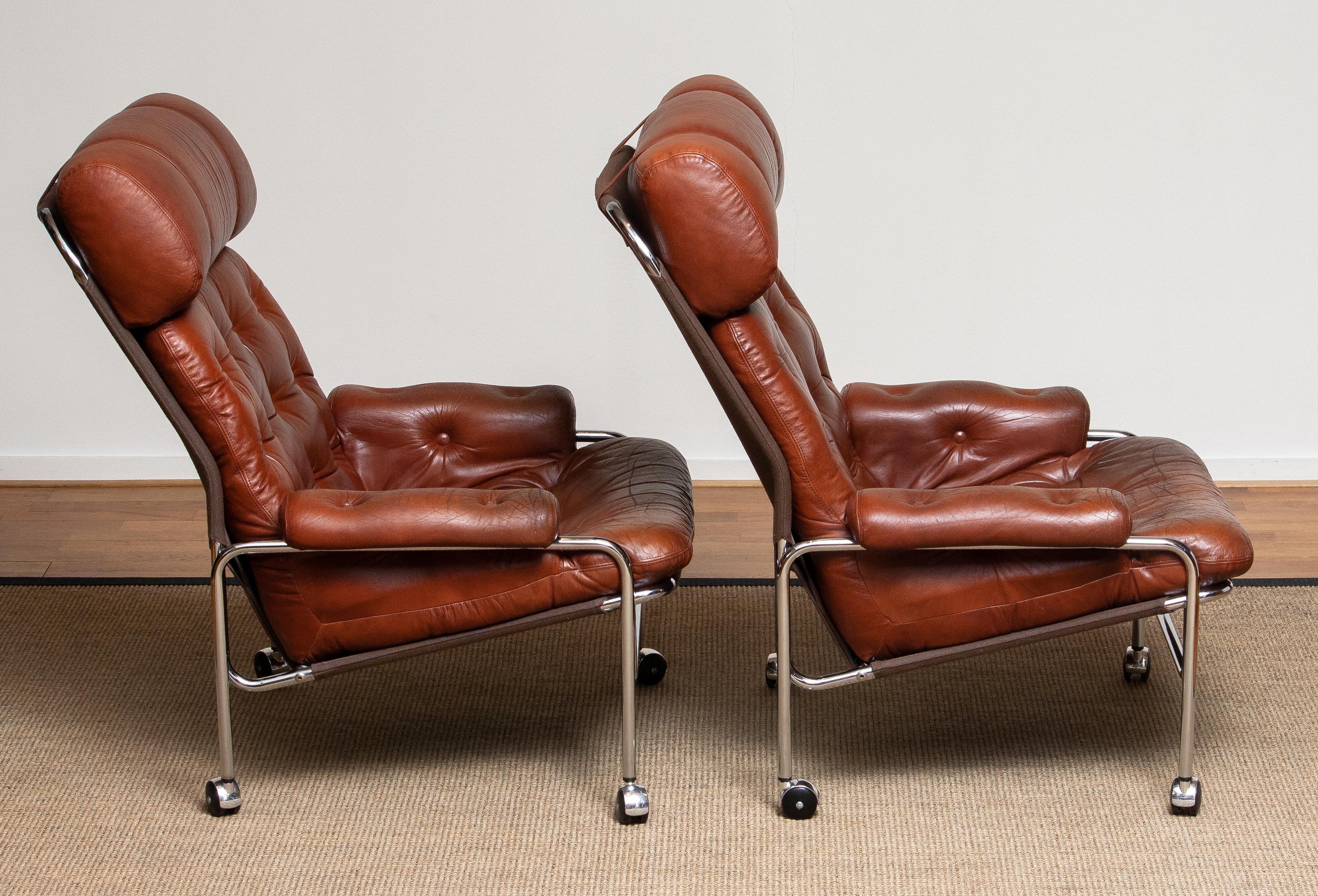 1960s Pair Easy / Armchairs in Chrome and Aged Brown /Cognac Leather by Lindlöfs In Good Condition In Silvolde, Gelderland