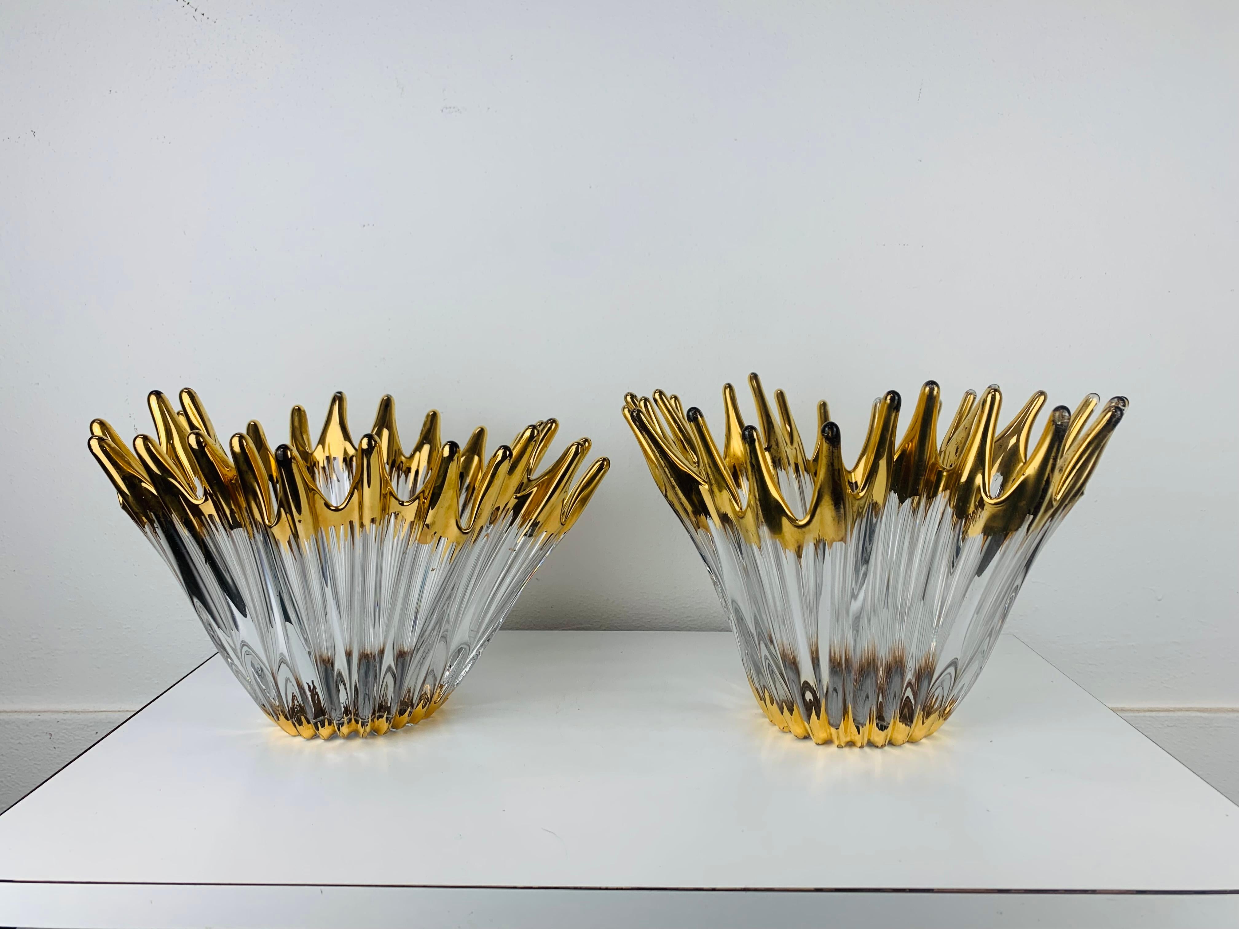 French 1960's Pair free form golden glass bowl attributed to Cofrac Art Verrier France For Sale