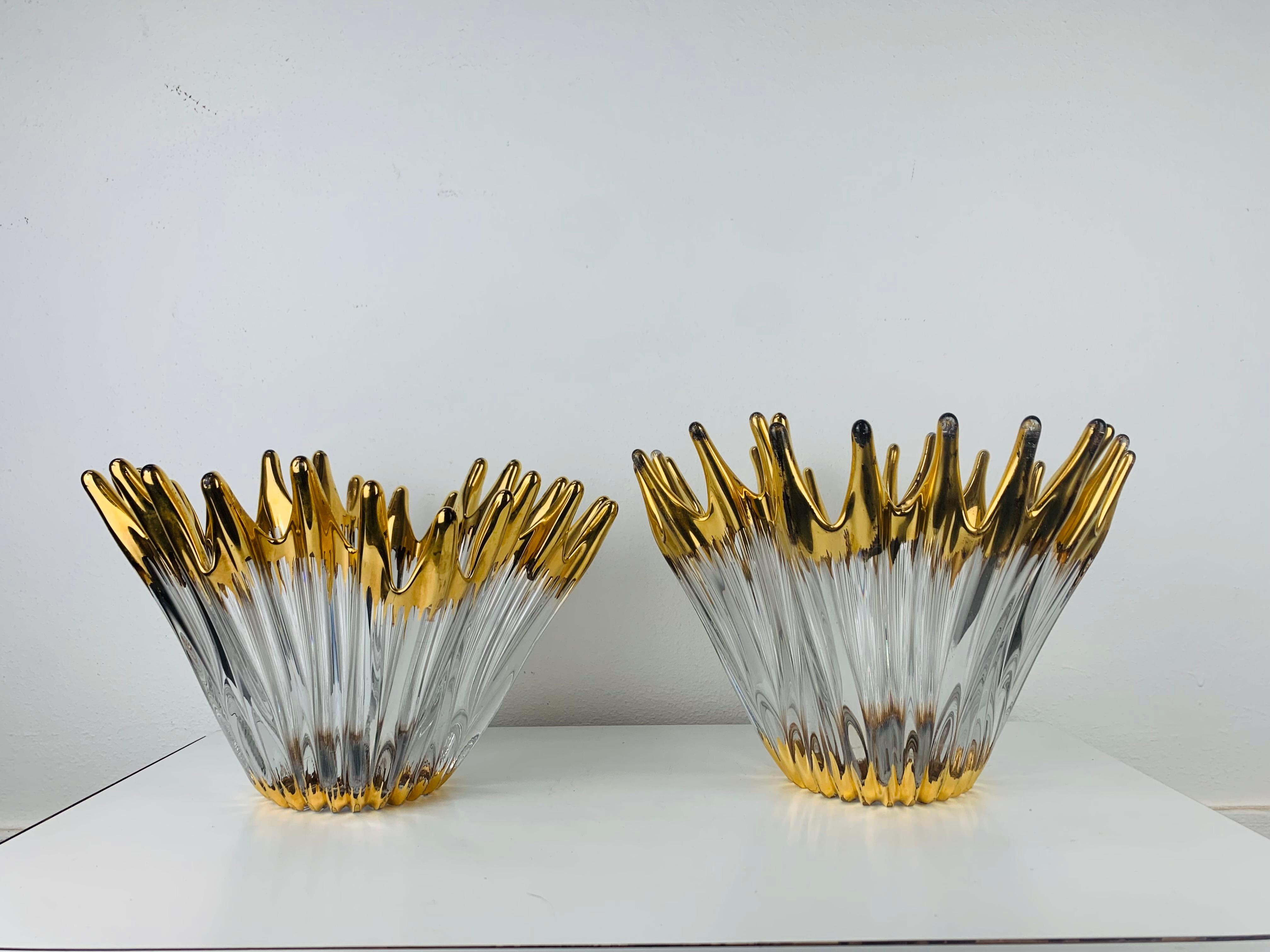 1960's Pair free form golden glass bowl attributed to Cofrac Art Verrier France In Good Condition For Sale In BELFORT, FR