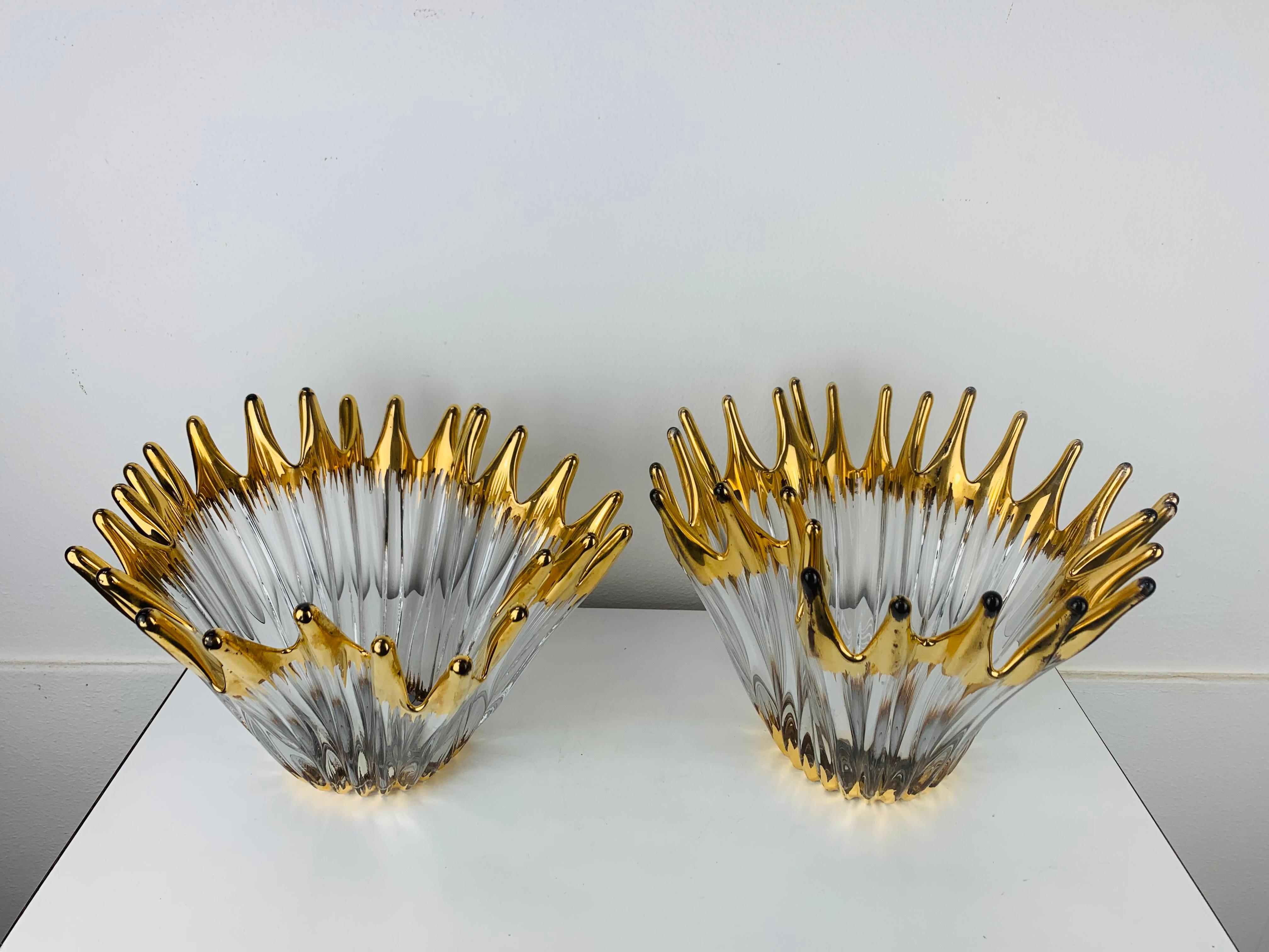 Mid-20th Century 1960's Pair free form golden glass bowl attributed to Cofrac Art Verrier France For Sale