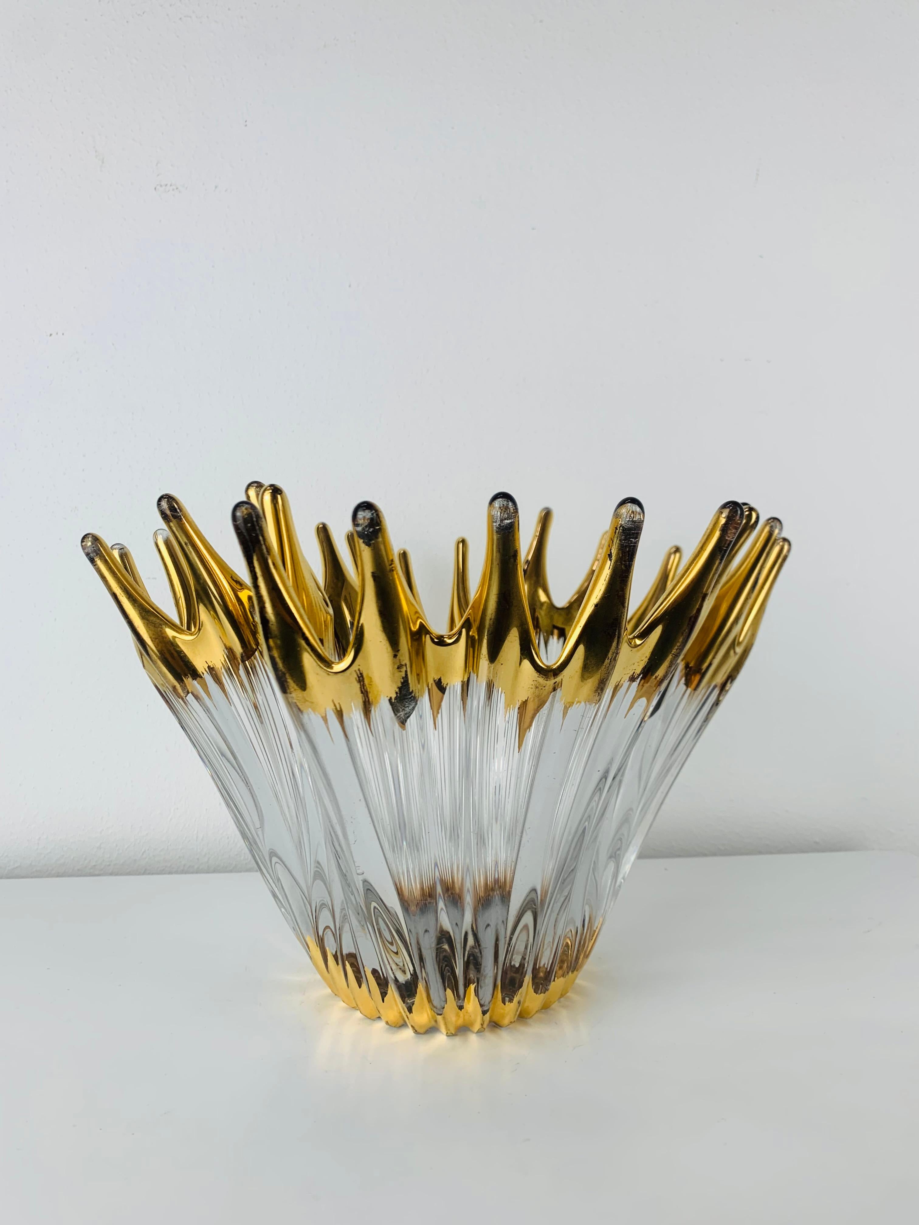 Glass 1960's Pair free form golden glass bowl attributed to Cofrac Art Verrier France For Sale