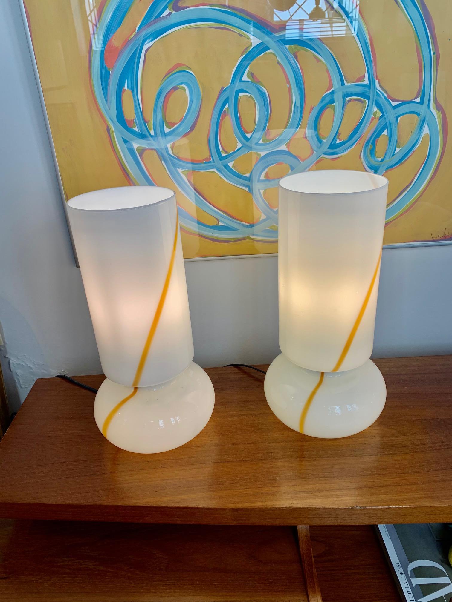 1960s Pair Italian Murano and White Opaline Glass Table Lamps by Vistosi 4
