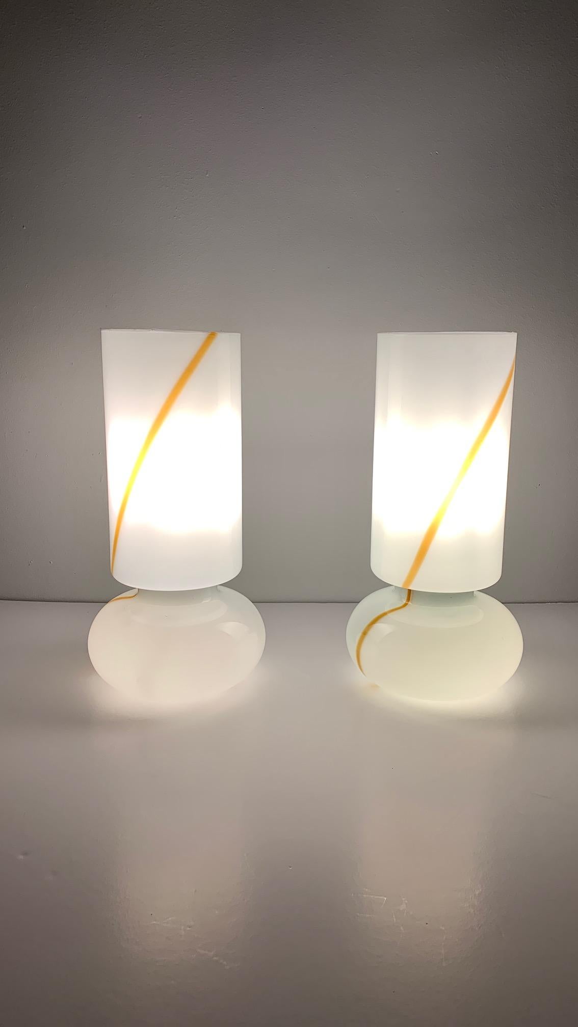 20th Century 1960s Pair Italian Murano and White Opaline Glass Table Lamps by Vistosi