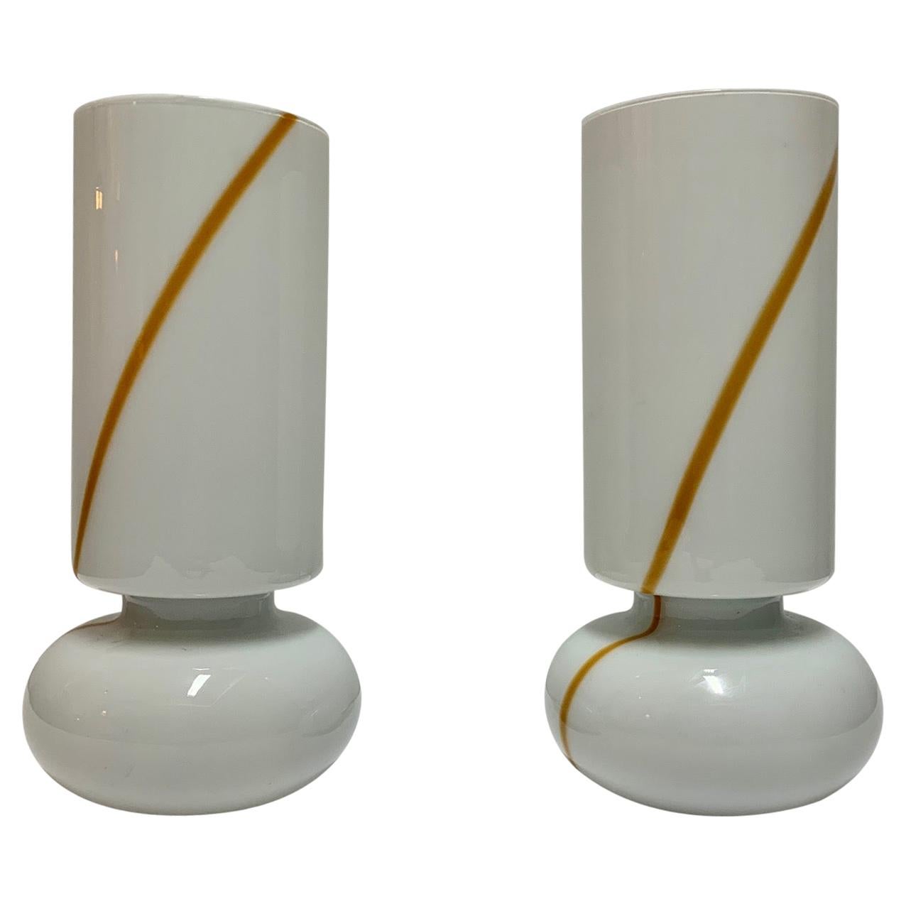 1960s Pair Italian Murano and White Opaline Glass Table Lamps by Vistosi