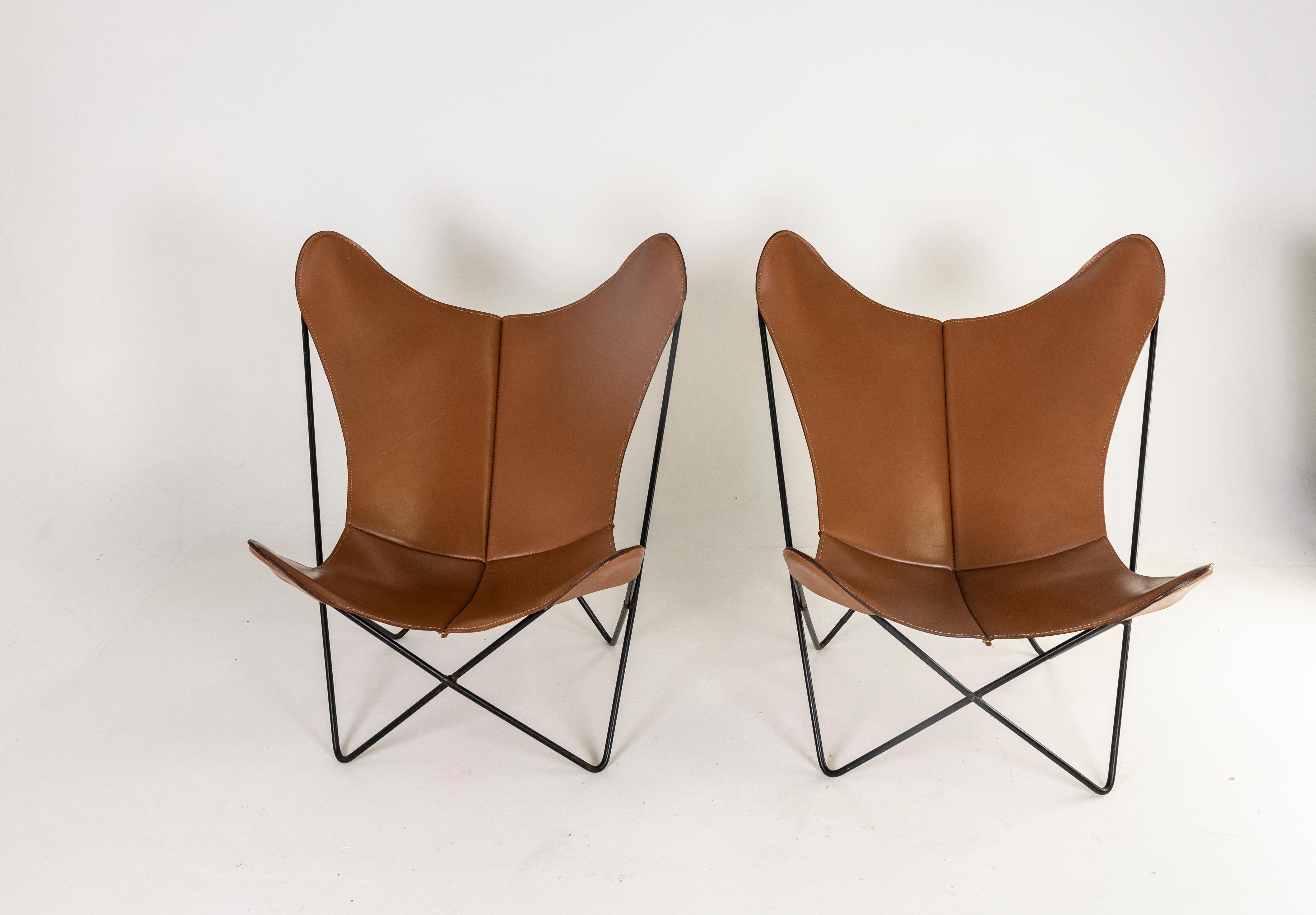 1960s Pair Leather Butterfly Chairs Jorge Ferrari Hardoy Bonet and Kurchan Knoll For Sale 1