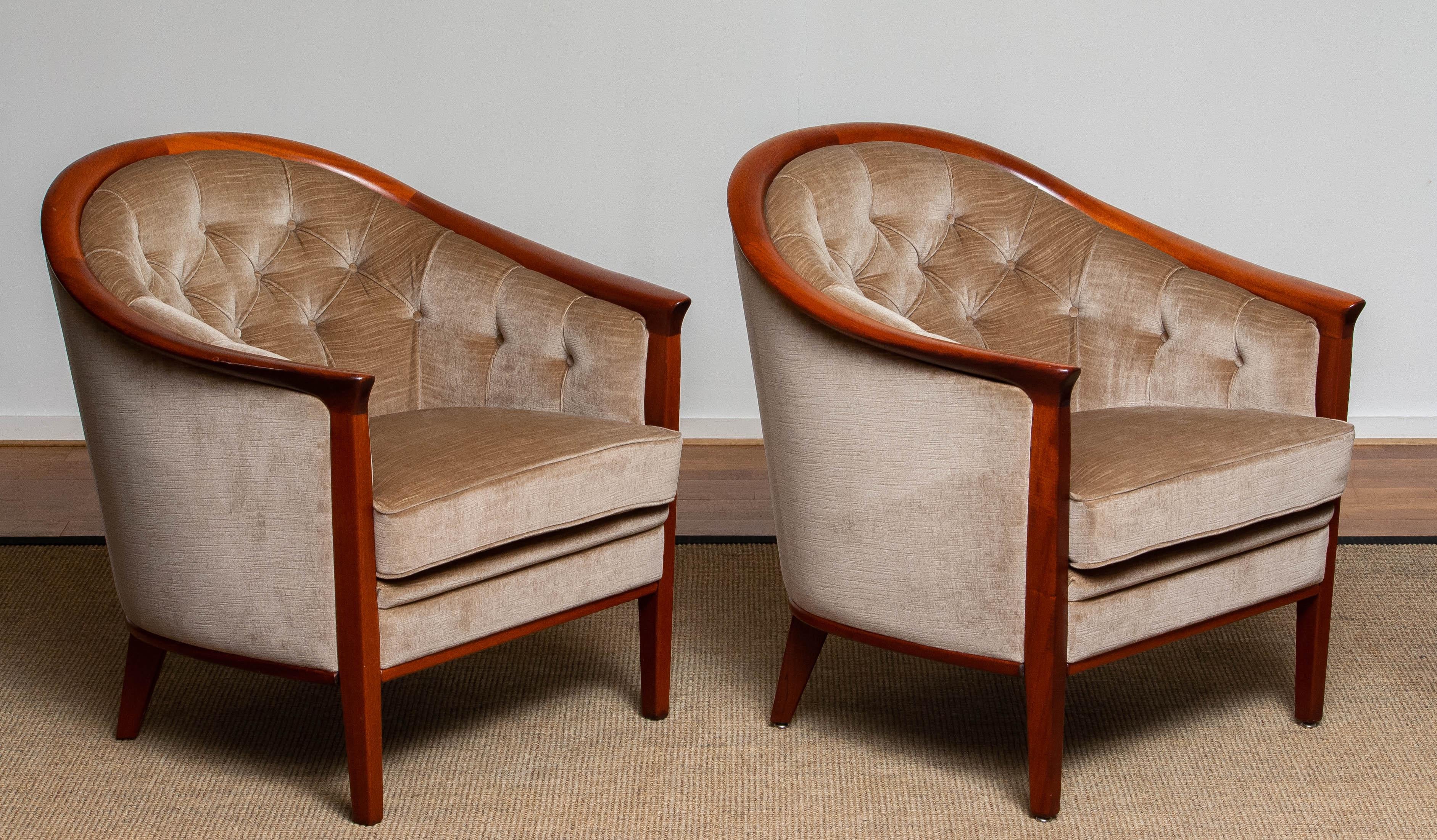 Hollywood Regency 1960s Pair Mahogany and Taupe Velvet Lounge Chairs by Broderna Andersson Sweden