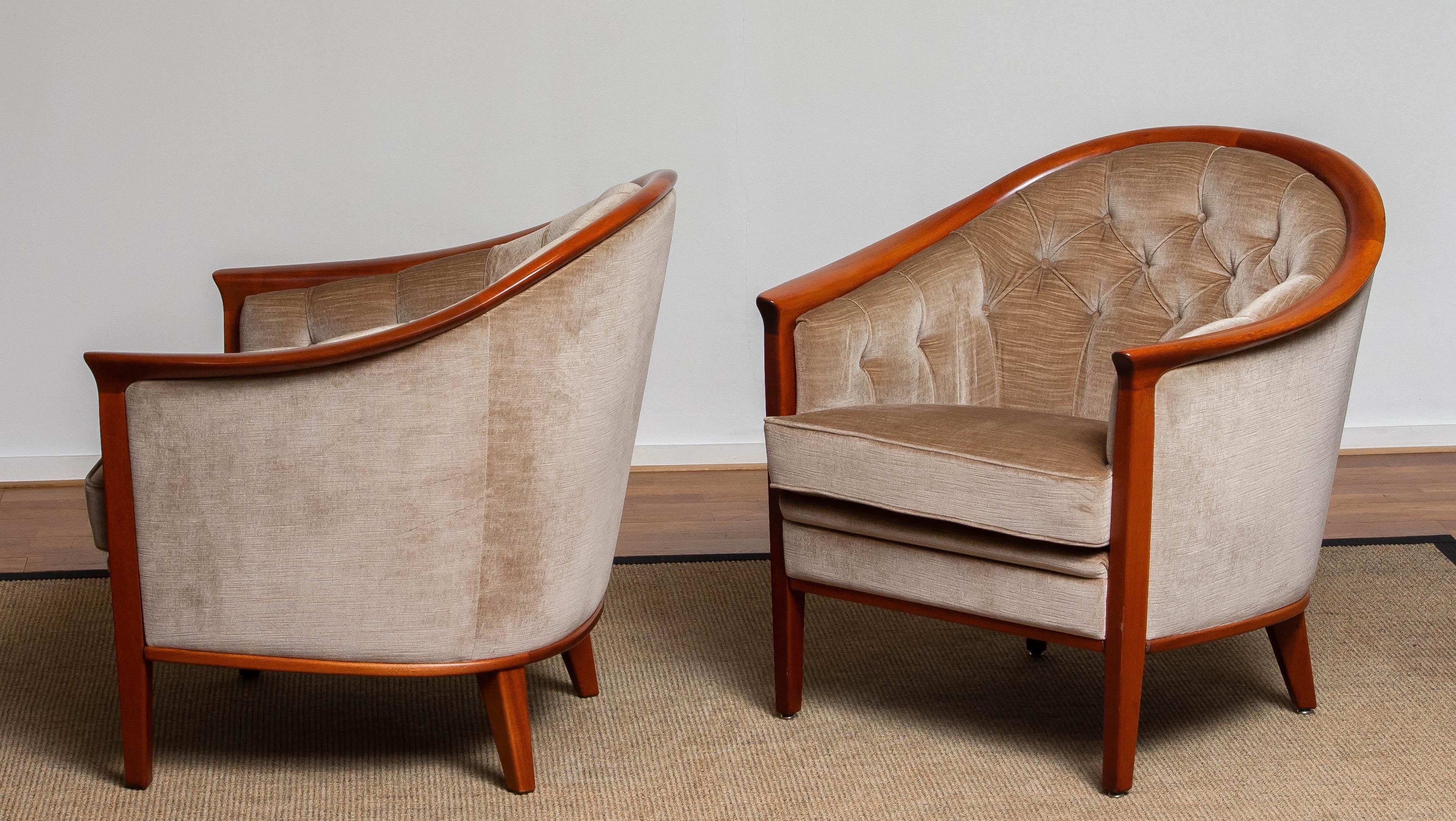 Swedish 1960s Pair Mahogany and Taupe Velvet Lounge Chairs by Broderna Andersson Sweden
