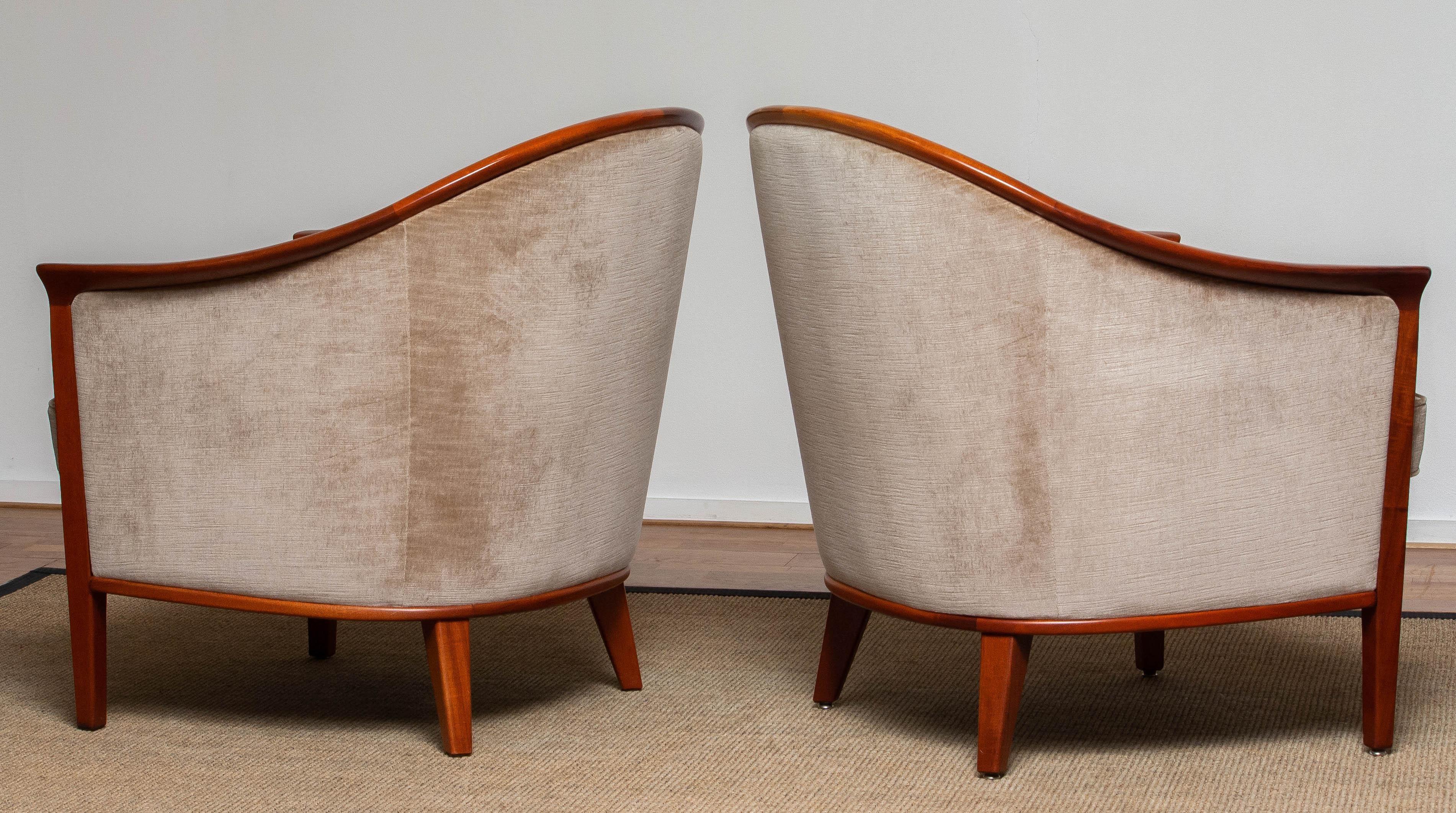 1960s Pair Mahogany and Taupe Velvet Lounge Chairs by Broderna Andersson Sweden In Good Condition In Silvolde, Gelderland
