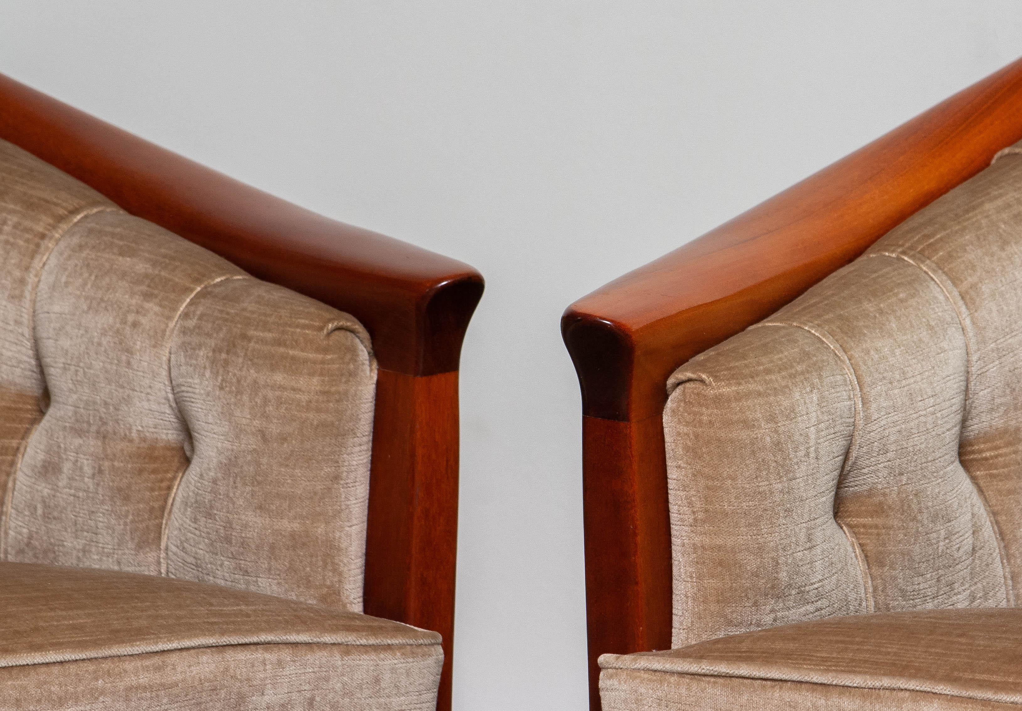 1960s Pair Mahogany and Taupe Velvet Lounge Chairs by Broderna Andersson Sweden 1