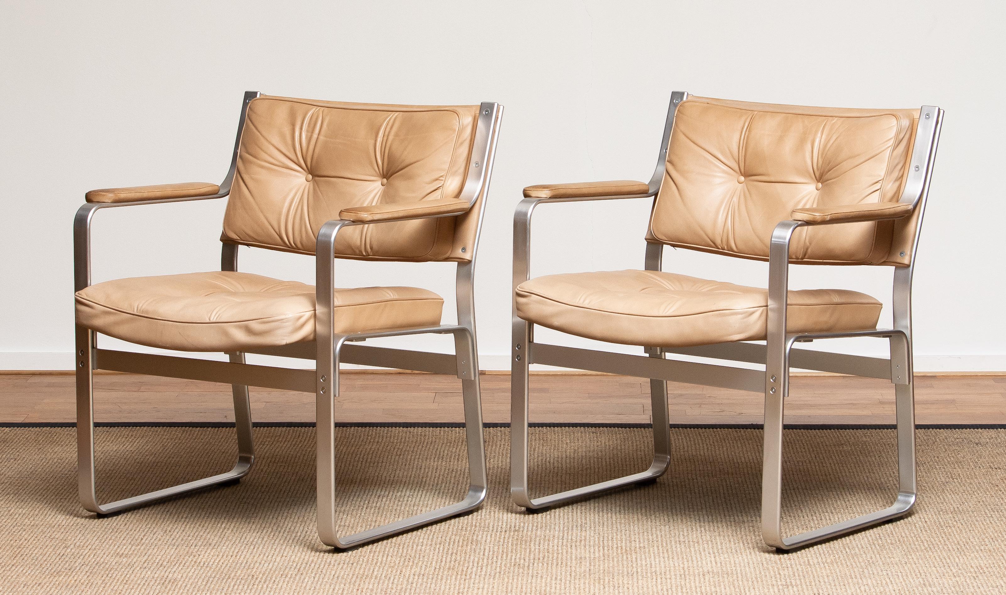 Post-Modern 1960s, Pair 'Mondo' Arm Club Chairs in Beige Leather by Karl Erik Ekselius JOC