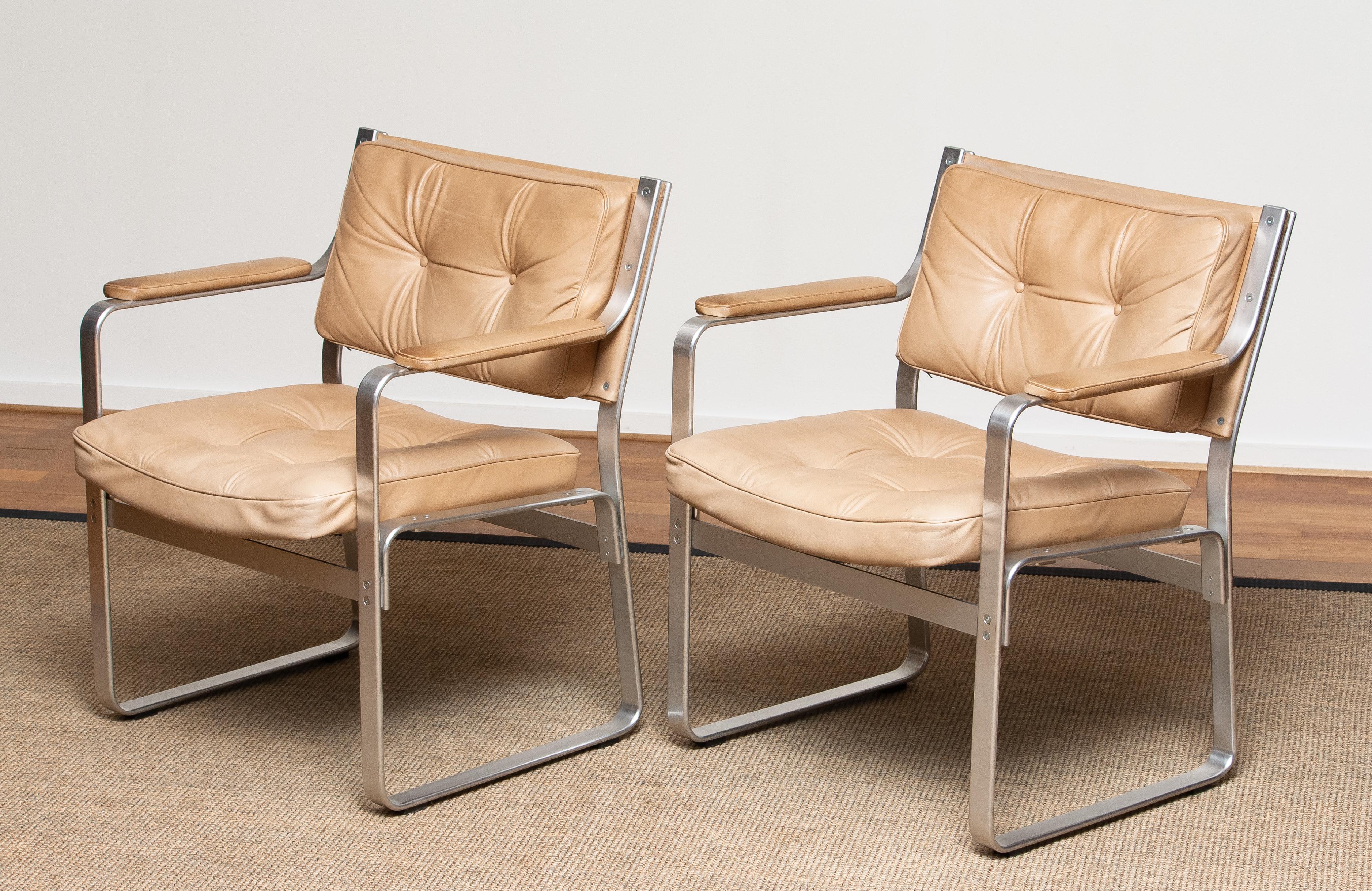 Swedish 1960s, Pair 'Mondo' Arm Club Chairs in Beige Leather by Karl Erik Ekselius JOC