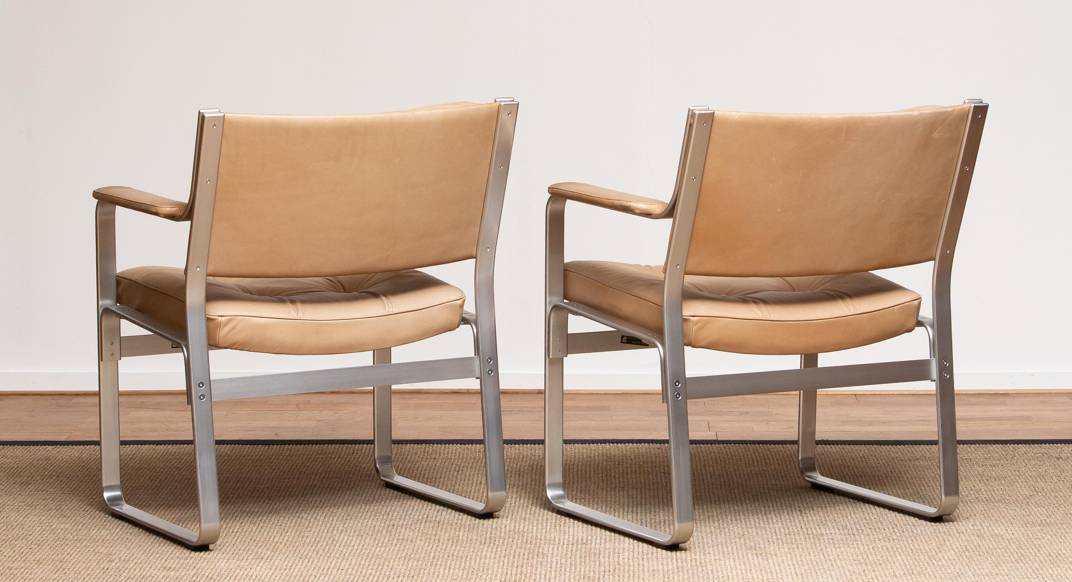 Swedish 1960s, Pair 'Mondo' Arm Club Chairs in Beige Leather by Karl Erik Ekselius JOC