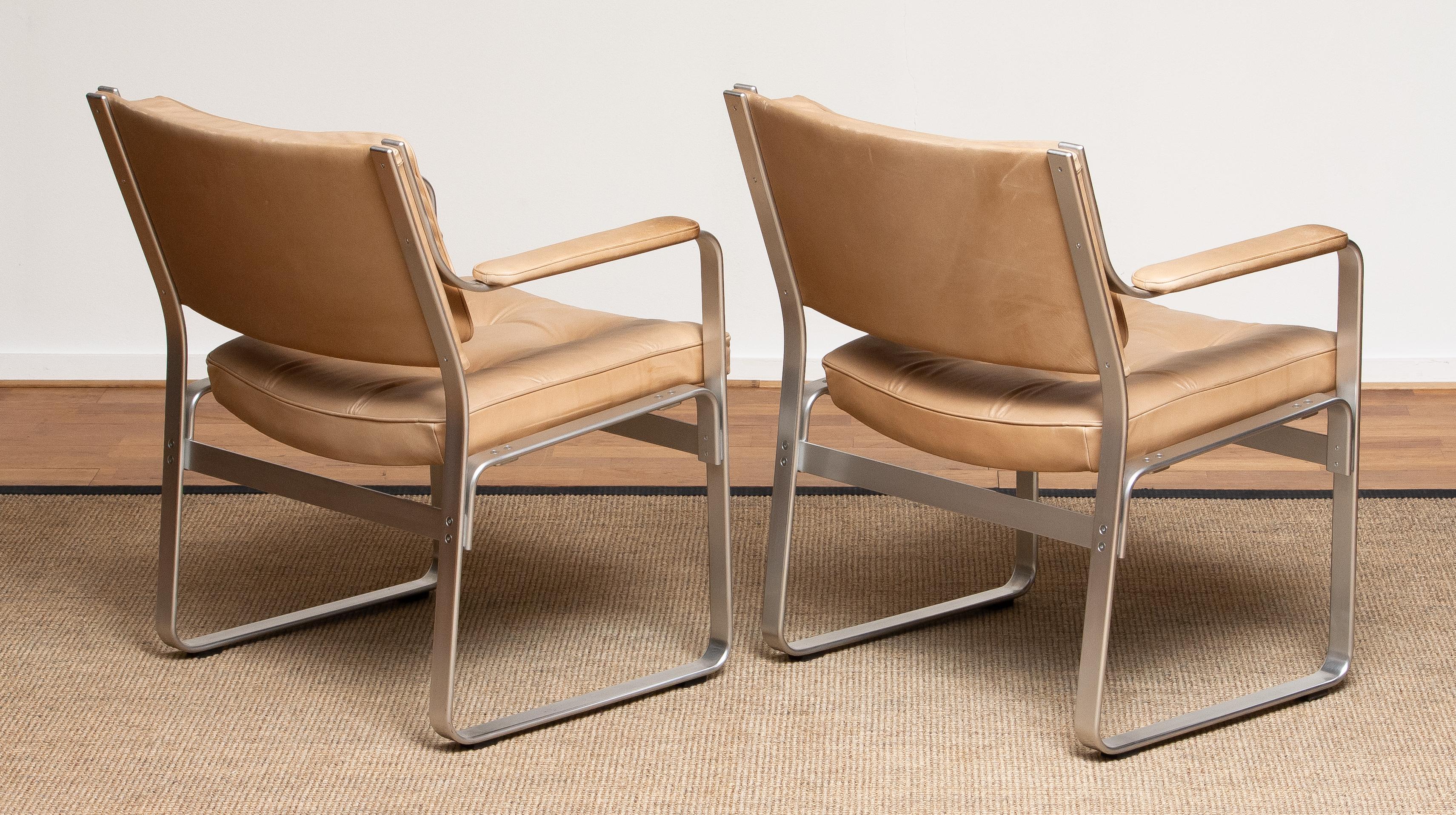 Mid-20th Century 1960s, Pair 'Mondo' Arm Club Chairs in Beige Leather by Karl Erik Ekselius JOC